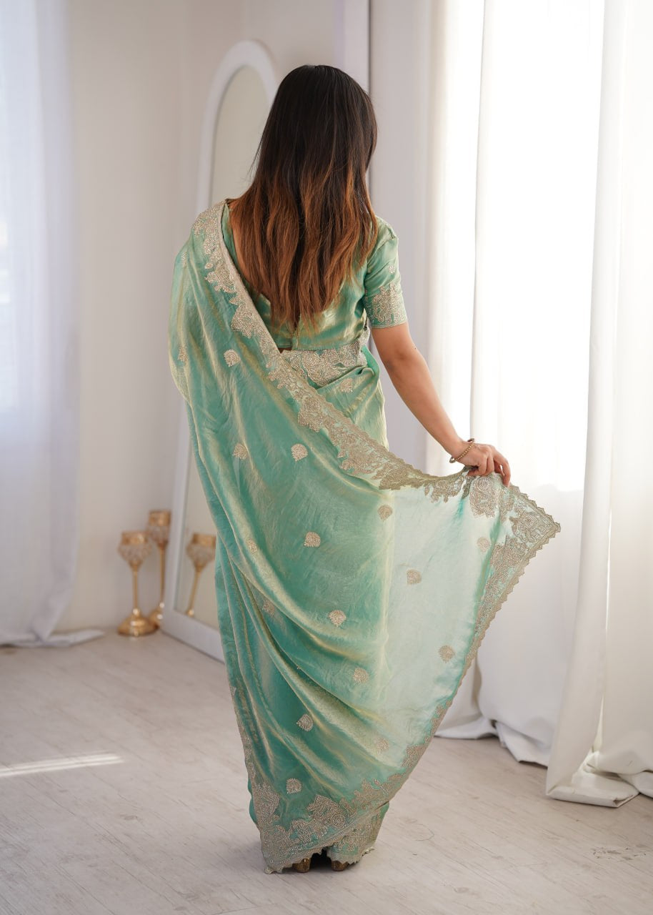Womenline Sea Green Organza Embroidered Saree with Blouse