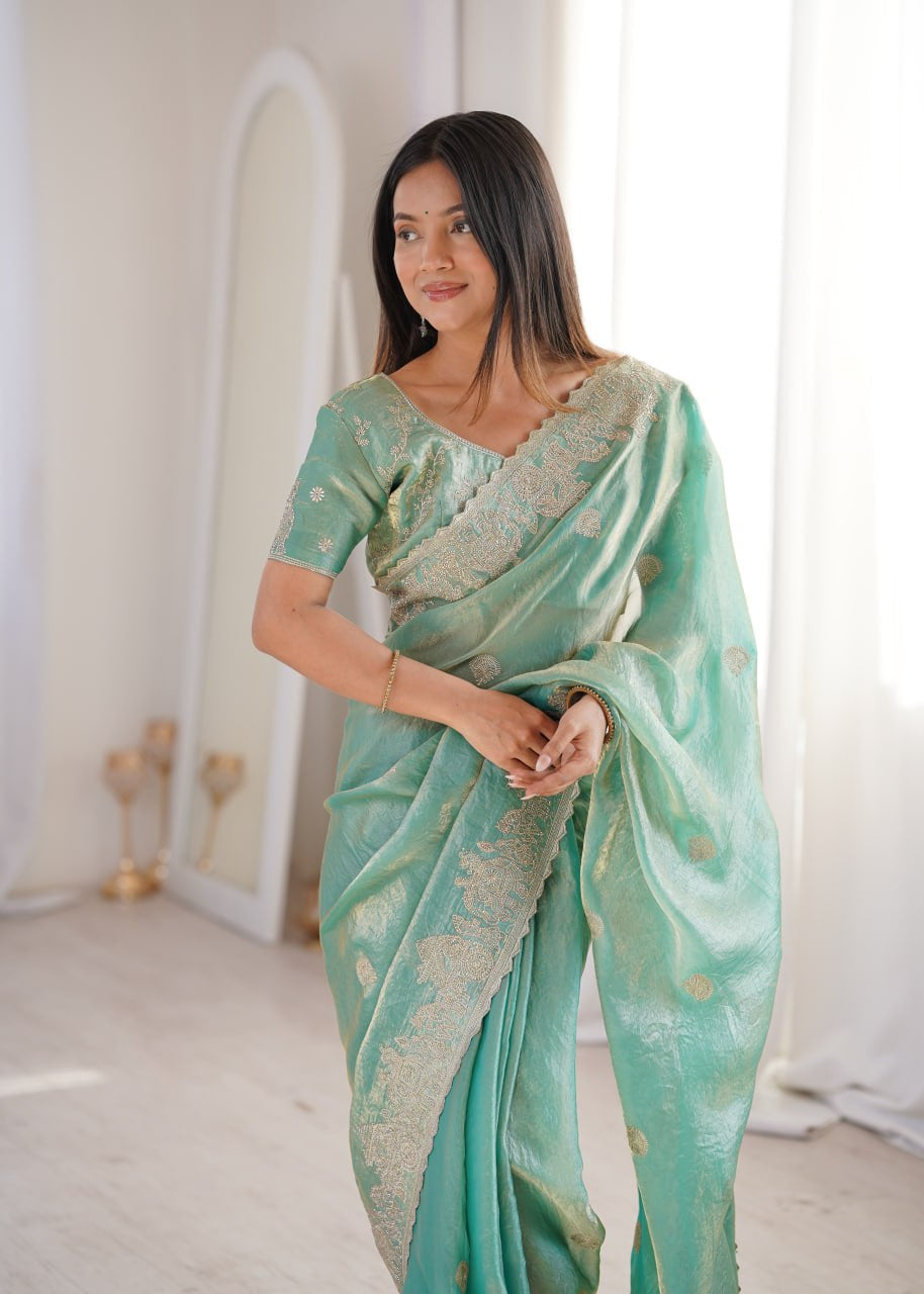 Womenline Sea Green Organza Embroidered Saree with Blouse