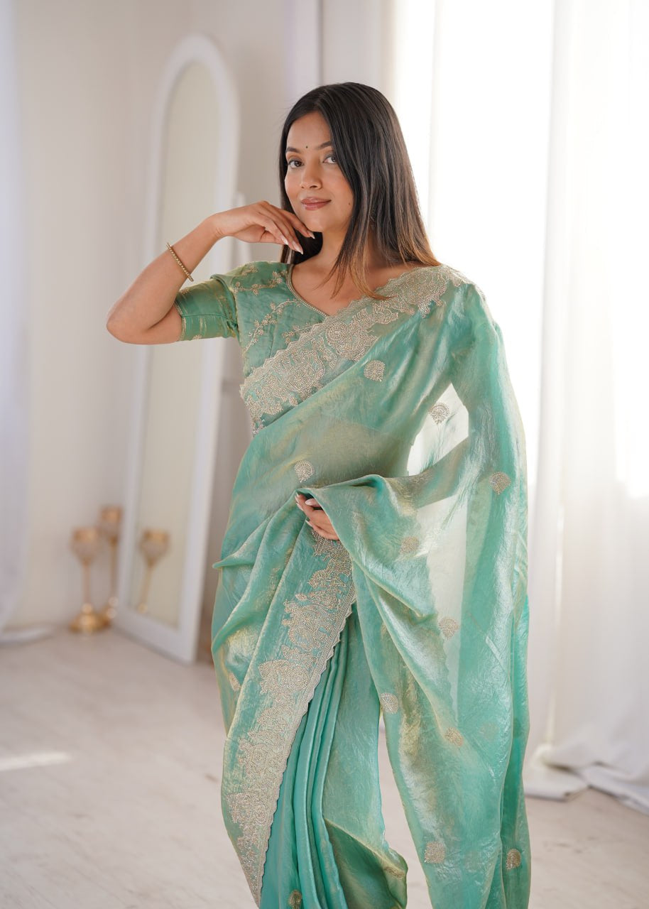 Womenline Sea Green Organza Embroidered Saree with Blouse