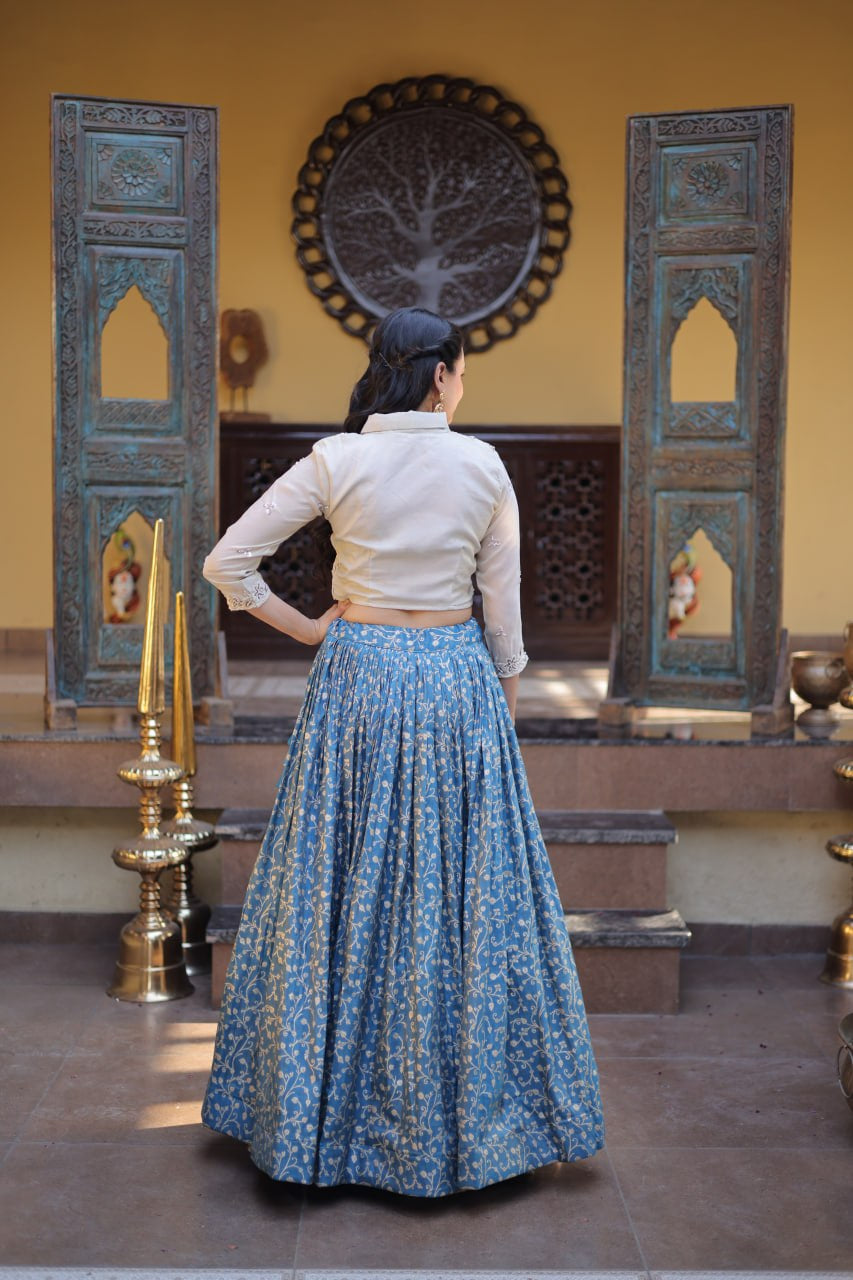Womenline Blue Jacquard Weaving Floral Lehenga Choli