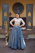 Womenline Blue Jacquard Weaving Floral Lehenga Choli