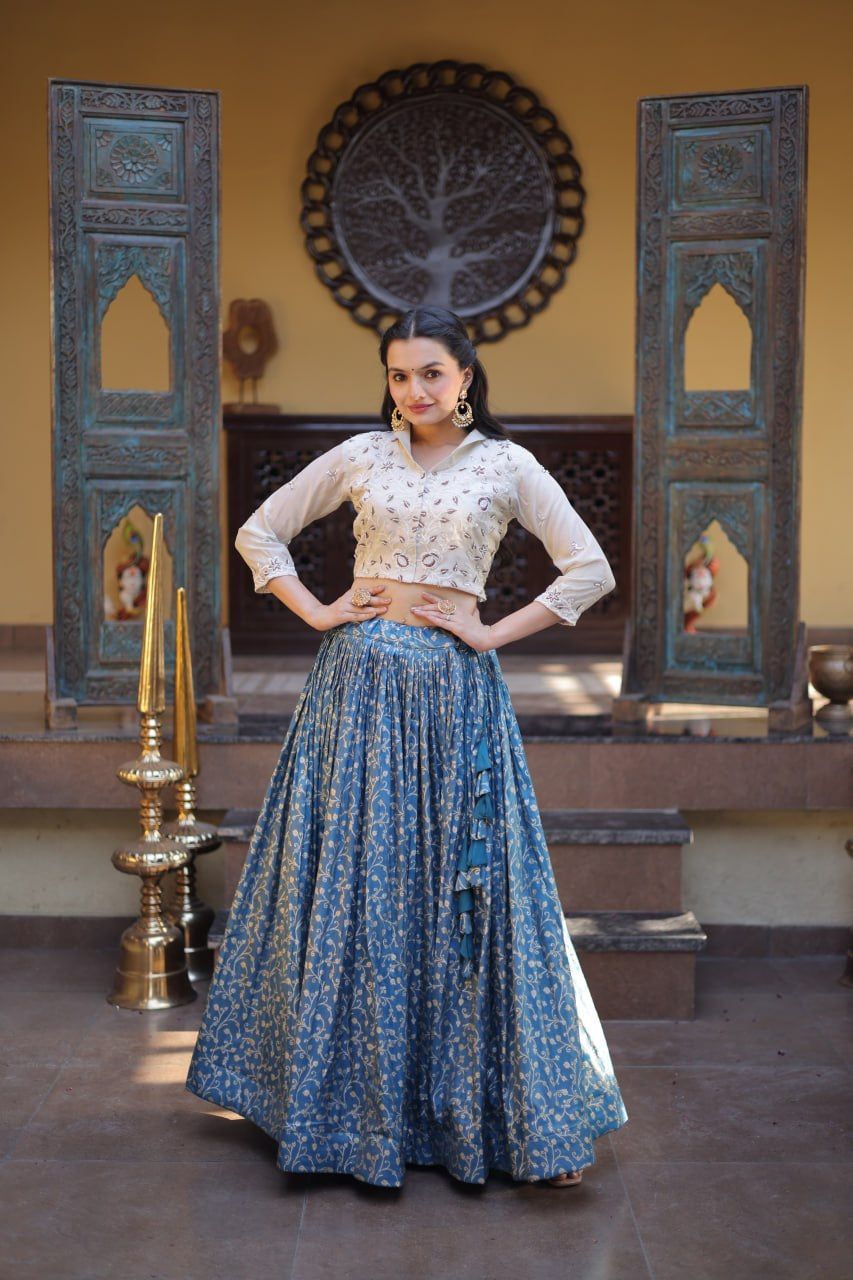 Womenline Blue Jacquard Weaving Floral Lehenga Choli