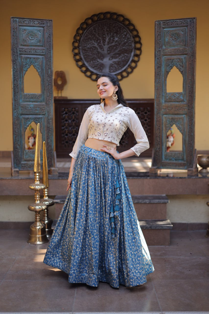 Womenline Blue Jacquard Weaving Floral Lehenga Choli