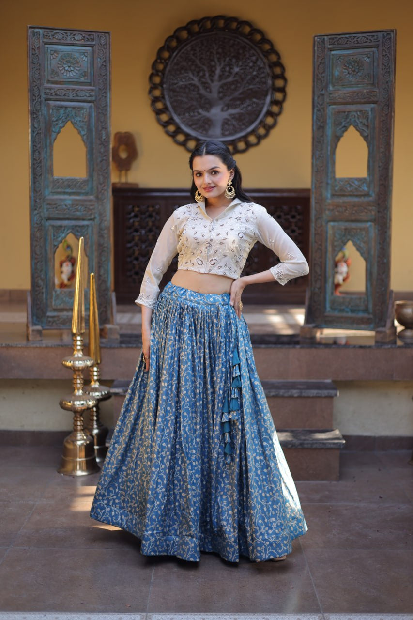 Womenline Blue Jacquard Weaving Floral Lehenga Choli