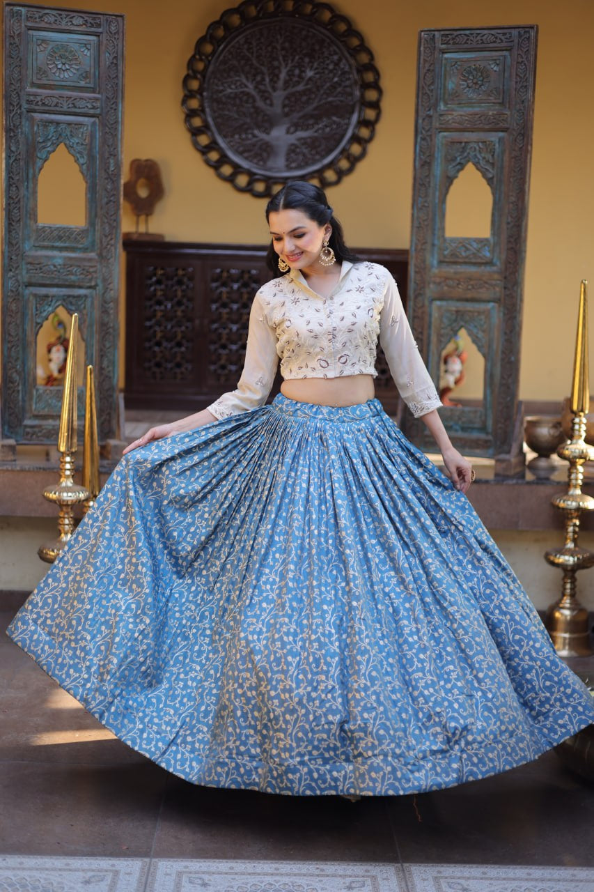 Womenline Blue Jacquard Weaving Floral Lehenga Choli