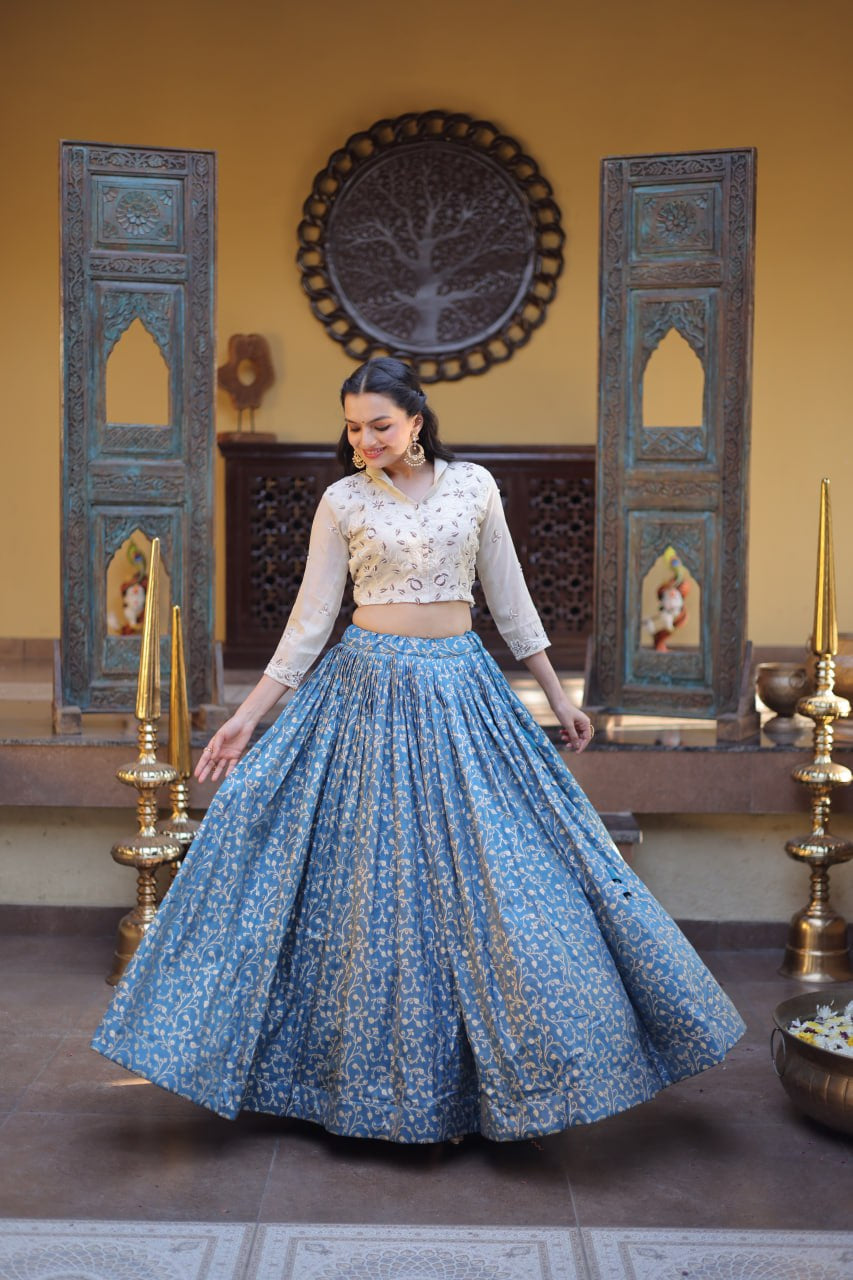 Womenline Blue Jacquard Weaving Floral Lehenga Choli