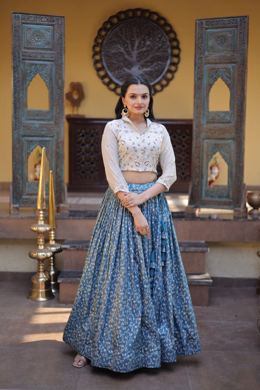 Womenline Blue Jacquard Weaving Floral Lehenga Choli