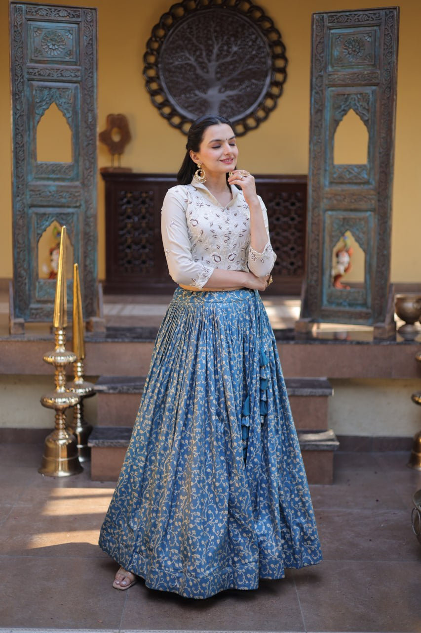 Womenline Blue Jacquard Weaving Floral Lehenga Choli