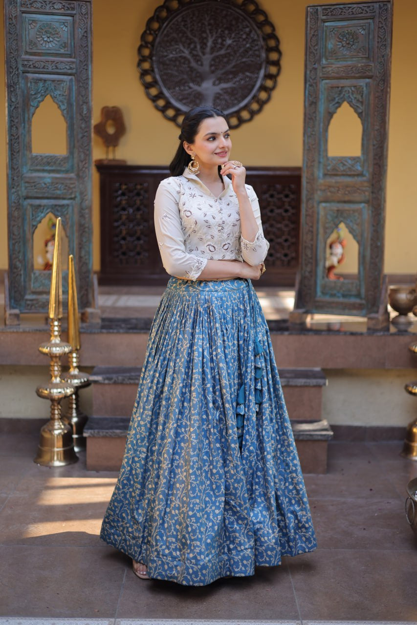 Womenline Blue Jacquard Weaving Floral Lehenga Choli