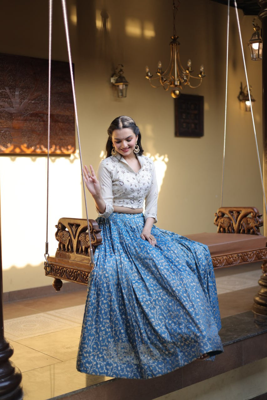 Womenline Blue Jacquard Weaving Floral Lehenga Choli