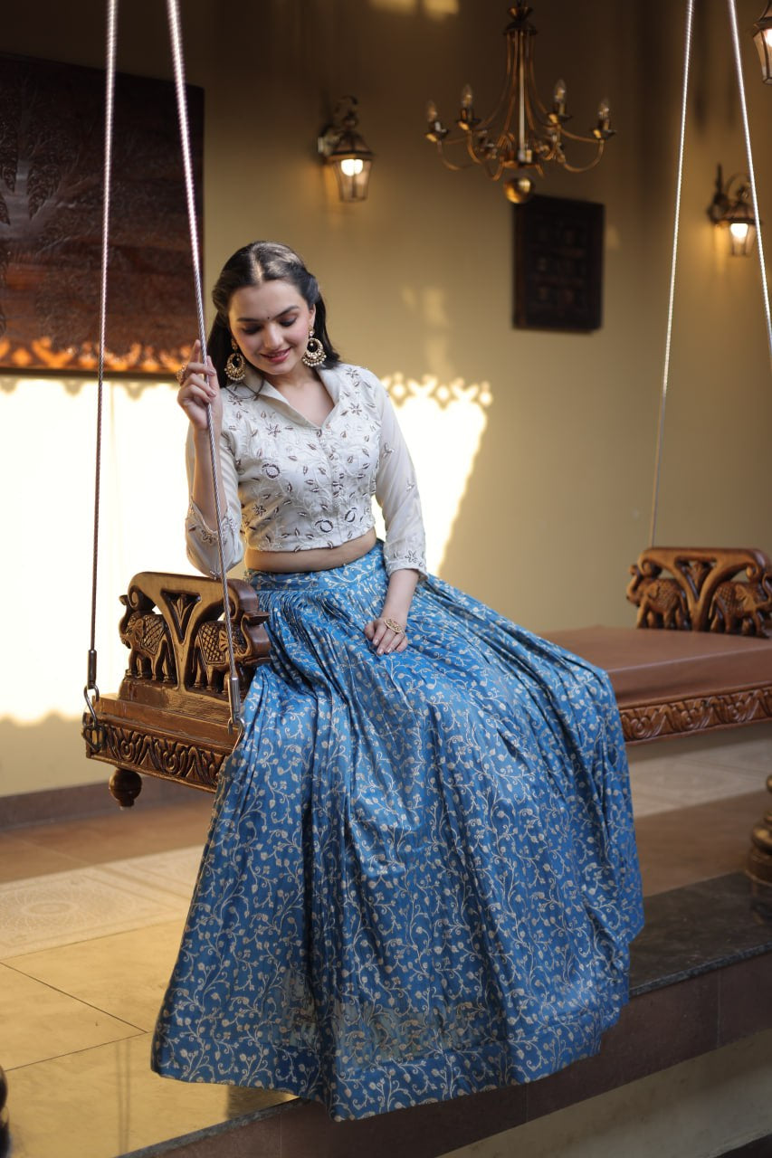 Womenline Blue Jacquard Weaving Floral Lehenga Choli