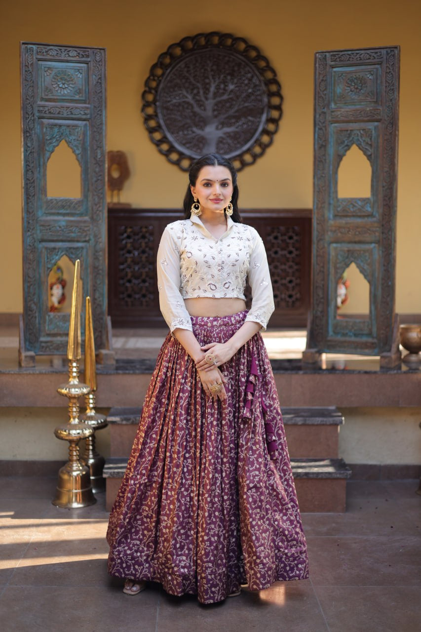 Womenline Wine Jacquard Weaving Floral Lehenga Choli