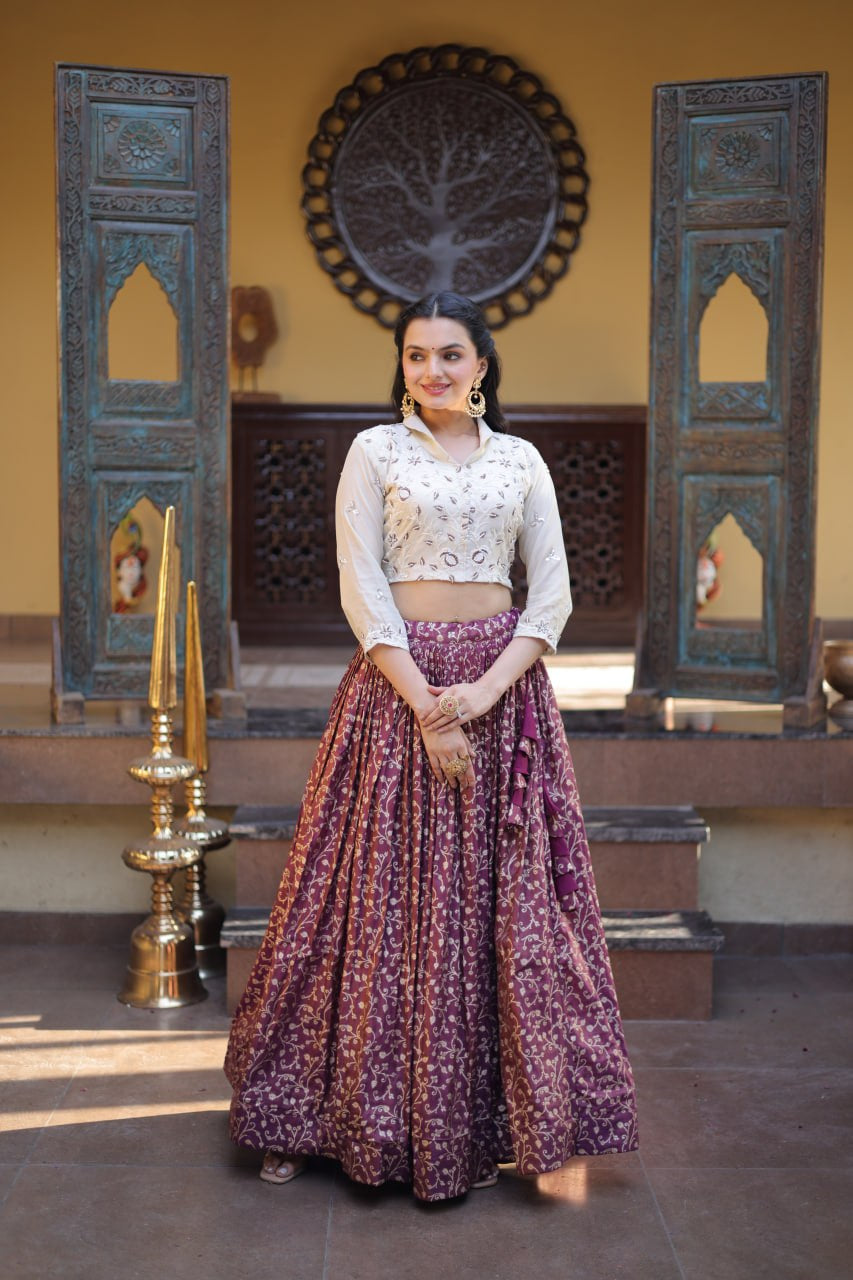 Womenline Wine Jacquard Weaving Floral Lehenga Choli