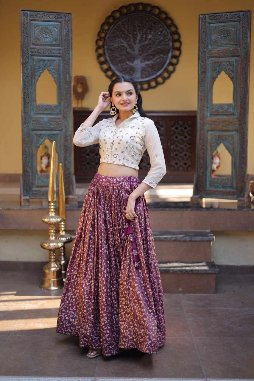 Womenline Wine Jacquard Weaving Floral Lehenga Choli