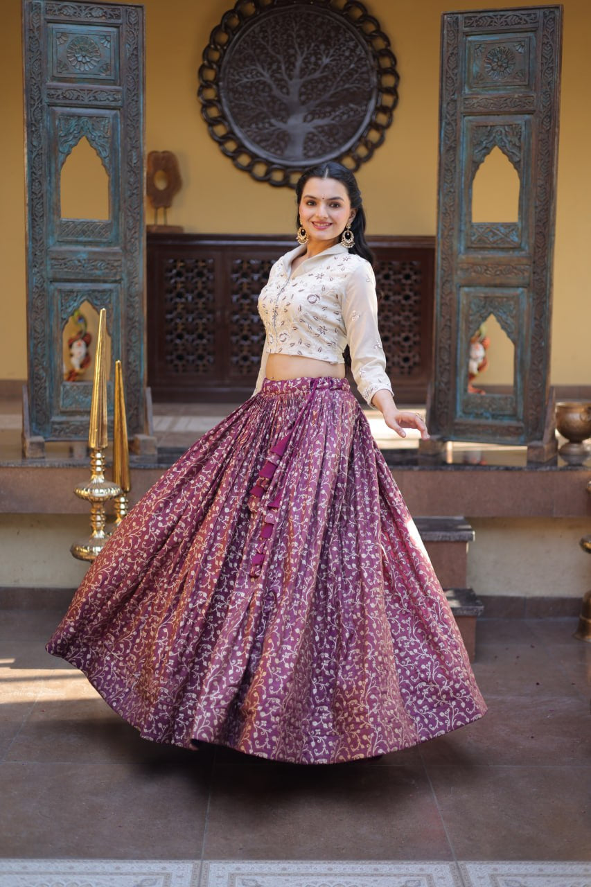 Womenline Wine Jacquard Weaving Floral Lehenga Choli