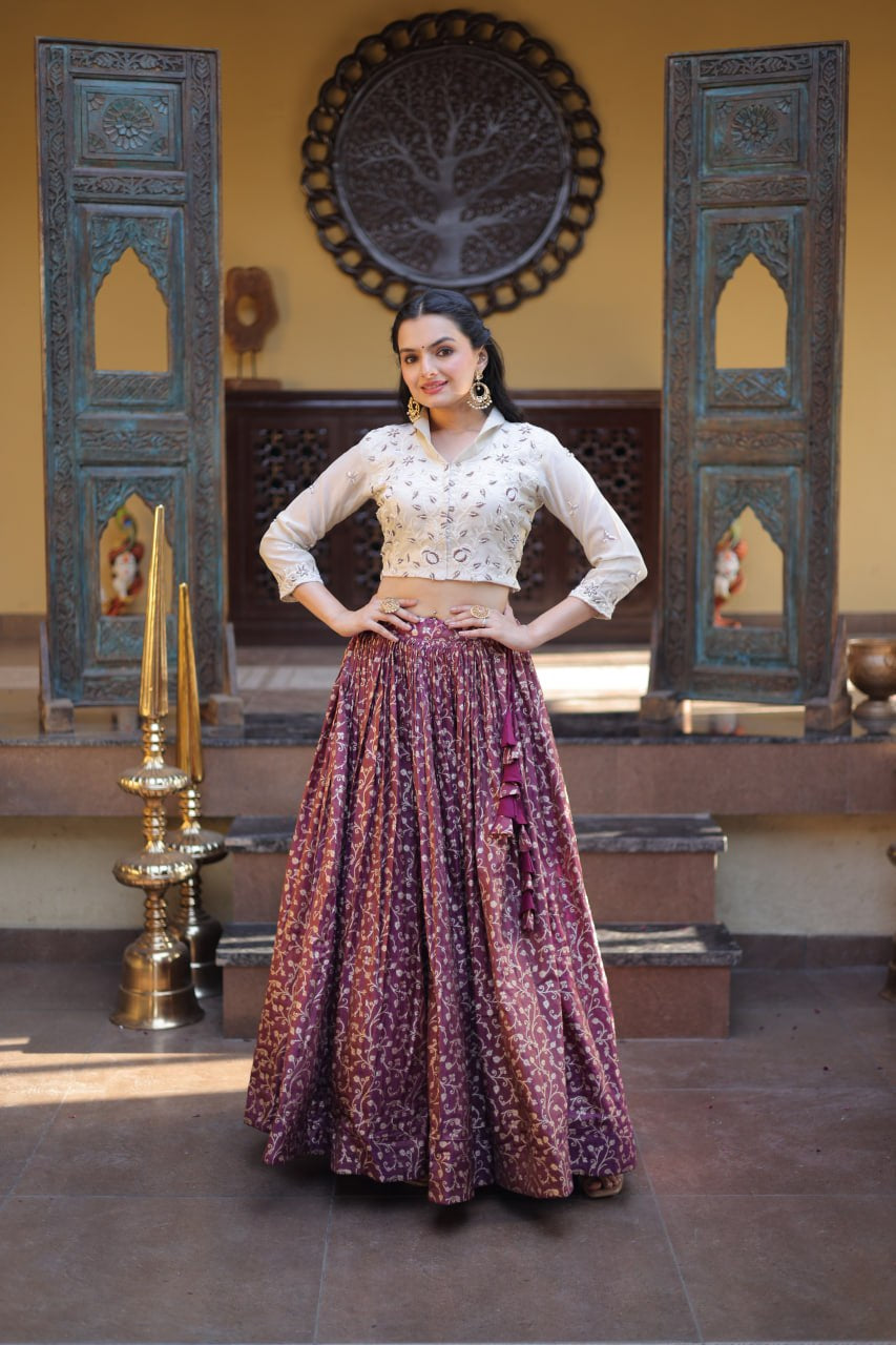 Womenline Wine Jacquard Weaving Floral Lehenga Choli