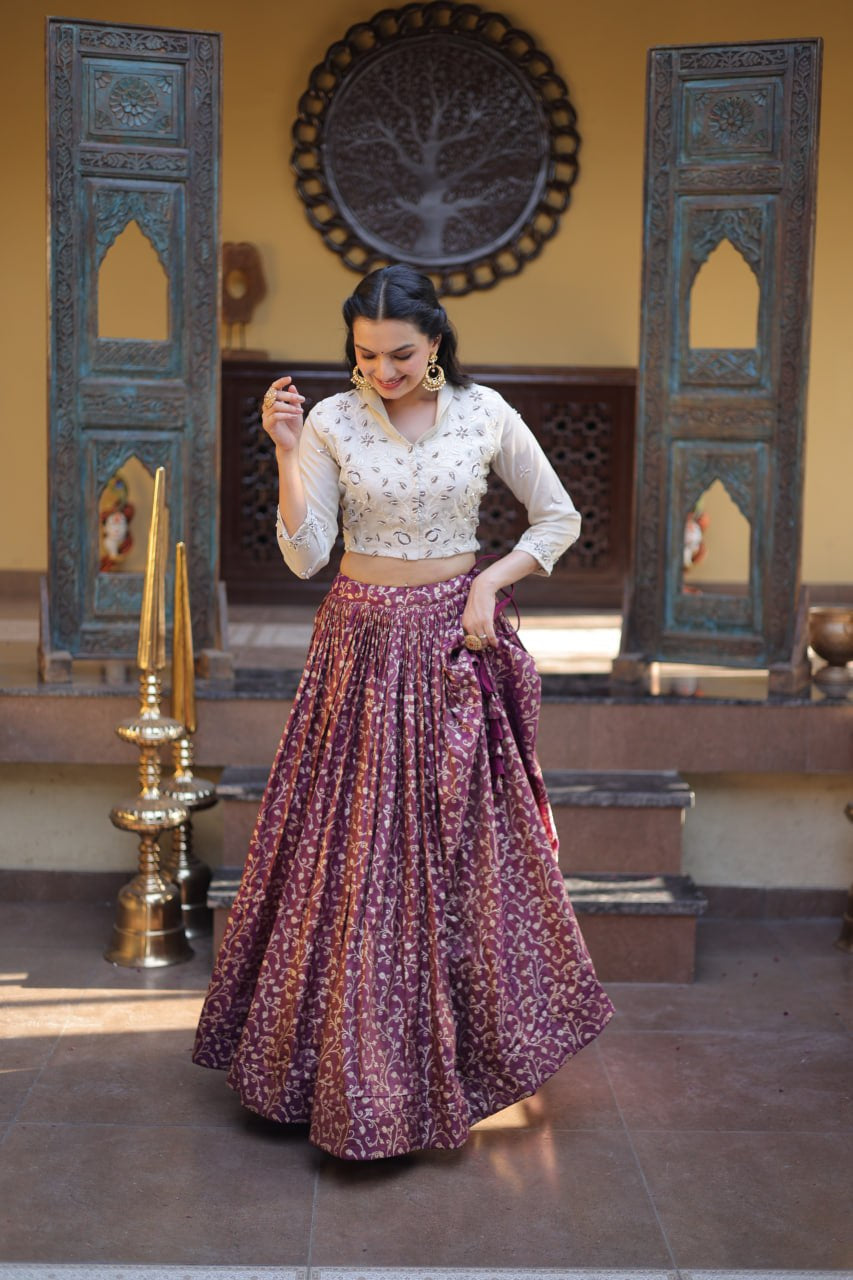 Womenline Wine Jacquard Weaving Floral Lehenga Choli