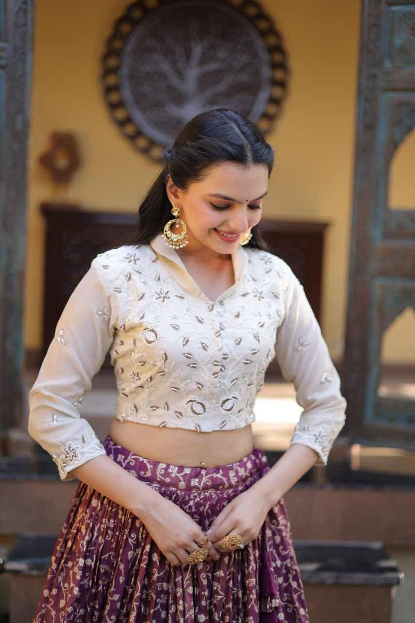 Womenline Wine Jacquard Weaving Floral Lehenga Choli