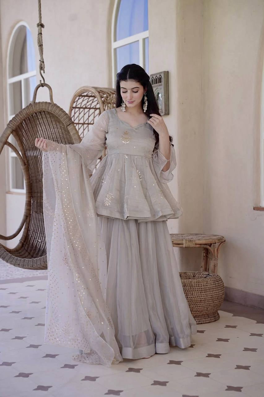 Womenline Grey Embroidered Kurta Sharara Set with Organza Dupatta