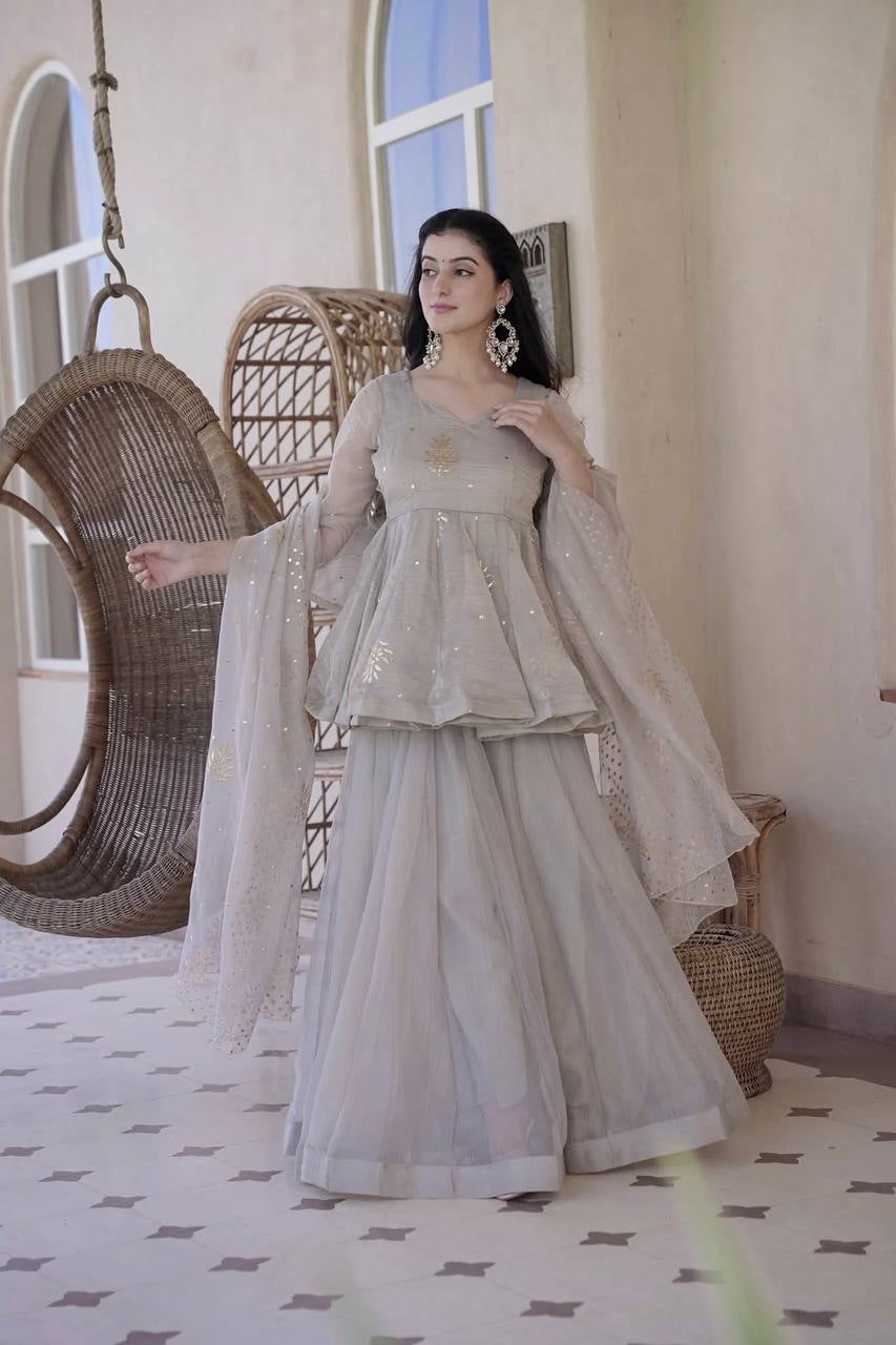 Womenline Grey Embroidered Kurta Sharara Set with Organza Dupatta