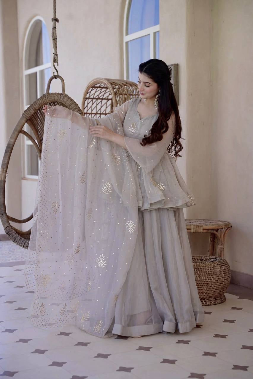 Womenline Grey Embroidered Kurta Sharara Set with Organza Dupatta