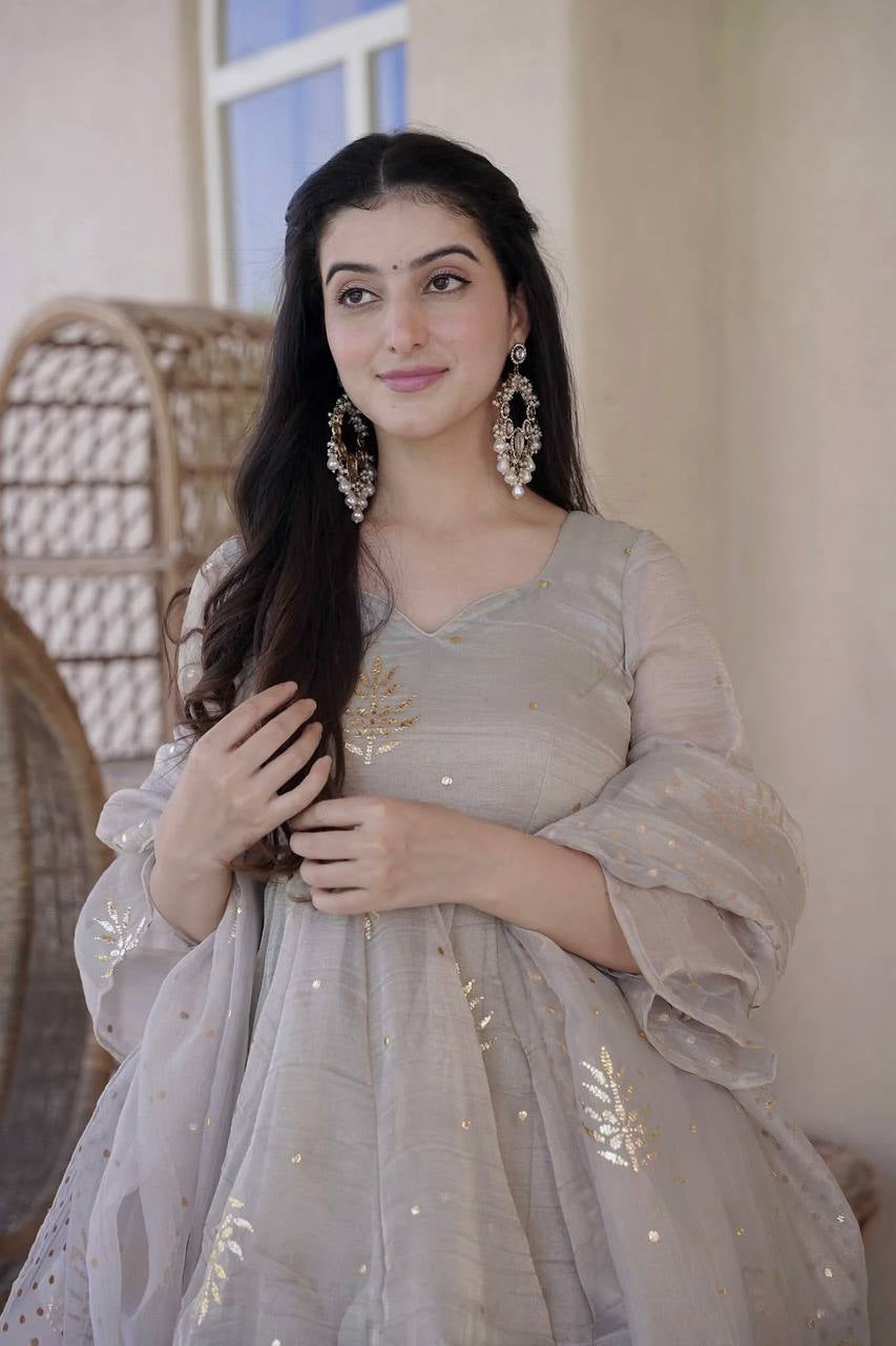 Womenline Grey Embroidered Kurta Sharara Set with Organza Dupatta