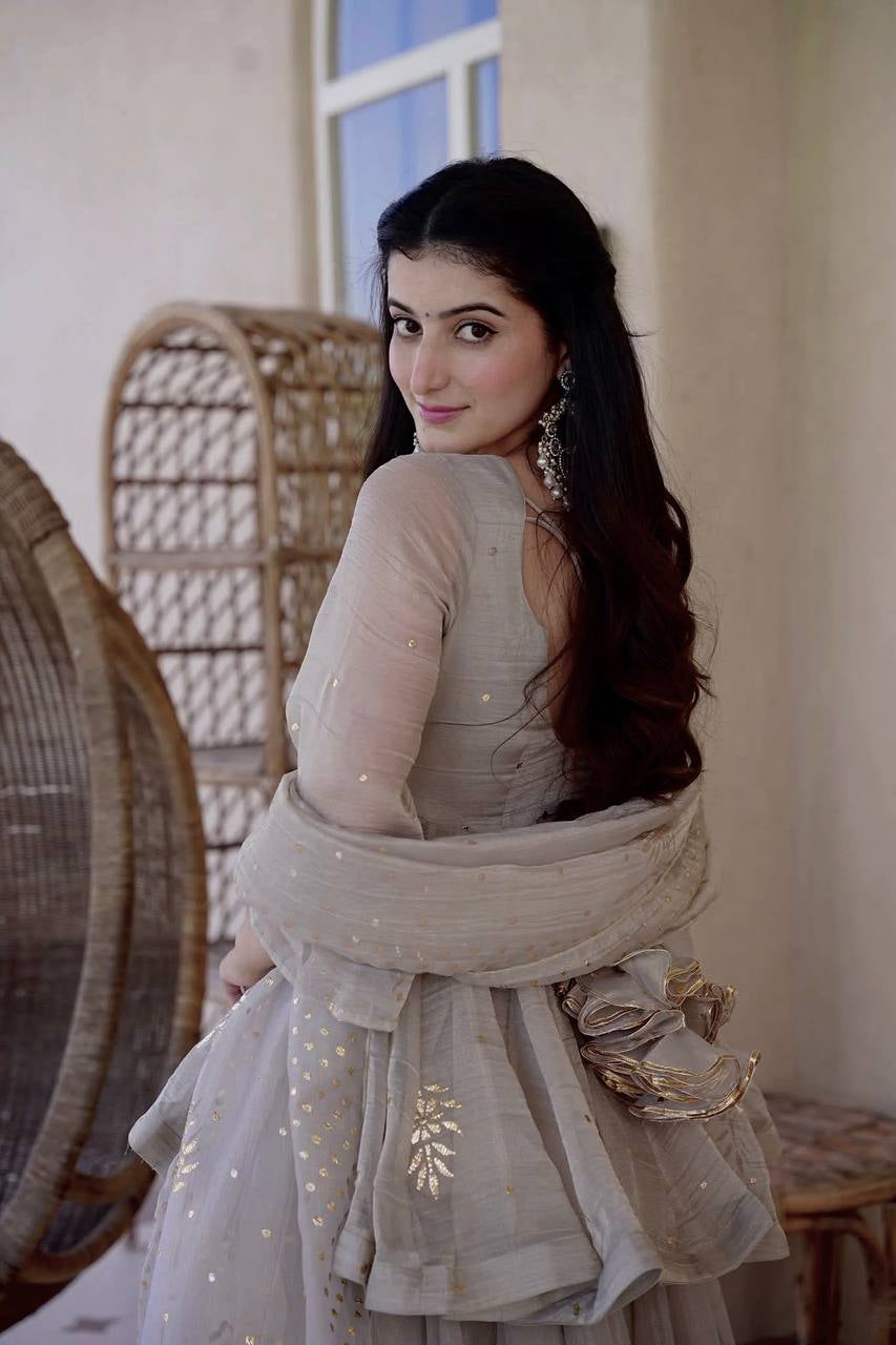 Womenline Grey Embroidered Kurta Sharara Set with Organza Dupatta