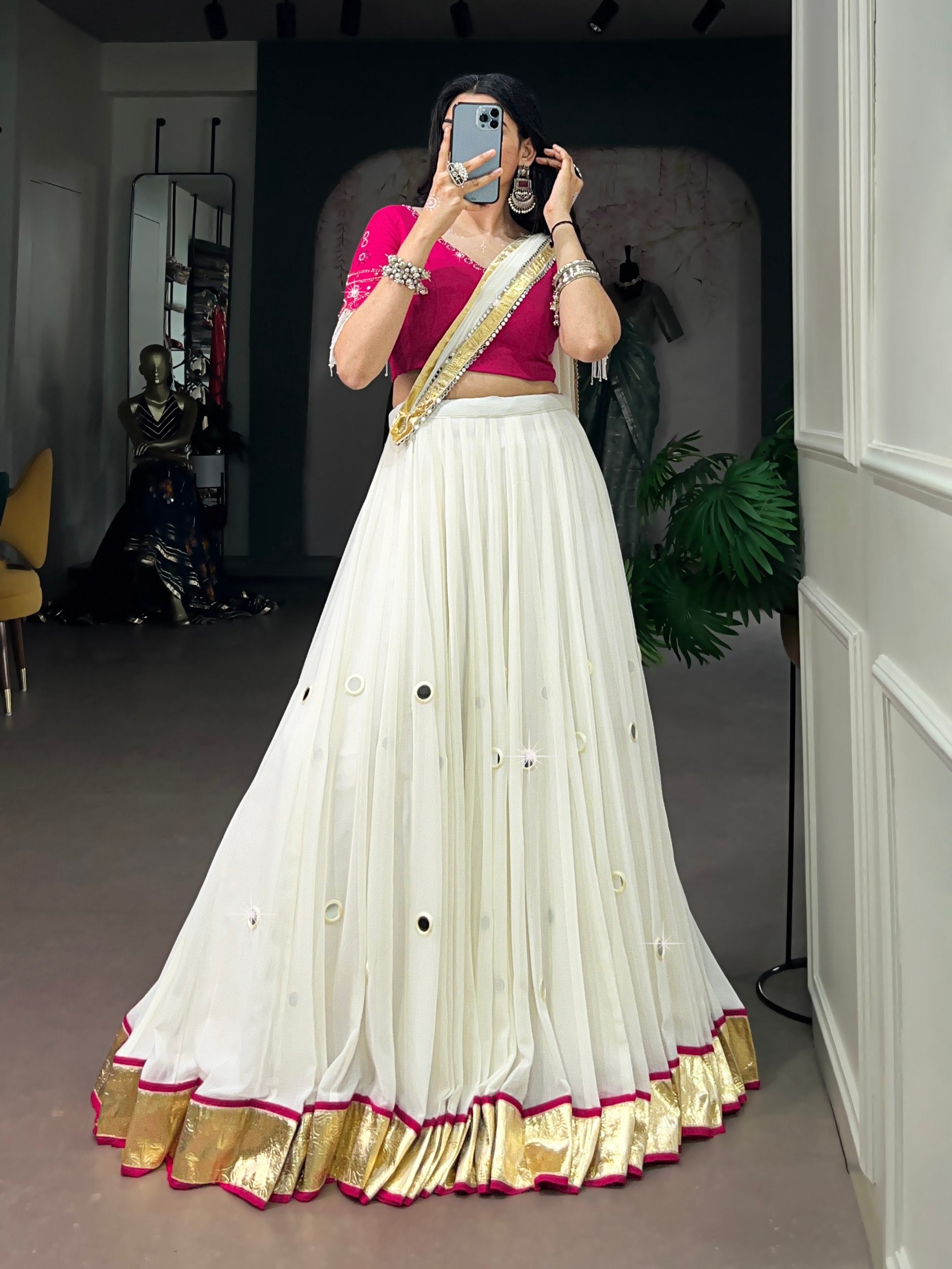 Womenline White & Rani Pink Navratri Lehenga Choli with Dupatta