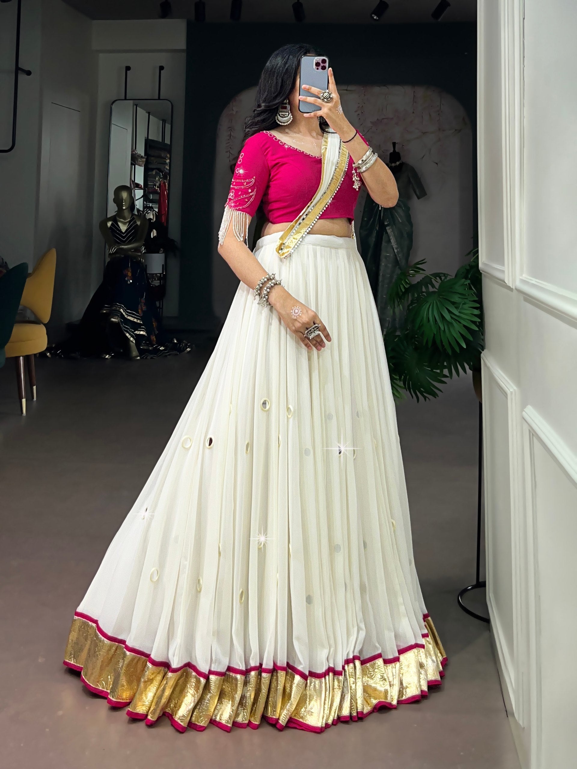 Womenline White & Rani Pink Navratri Lehenga Choli with Dupatta