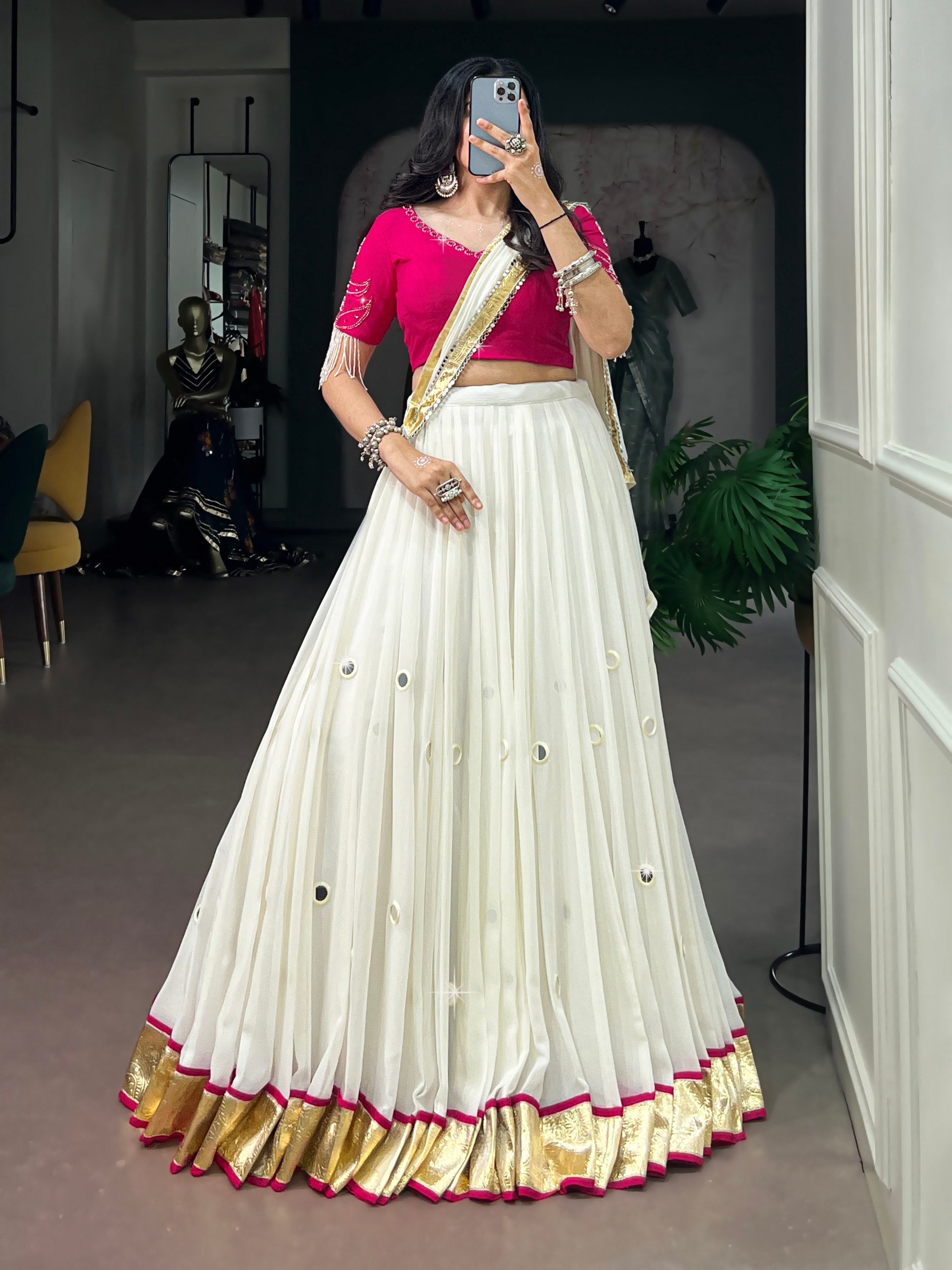 Womenline White & Rani Pink Navratri Lehenga Choli with Dupatta