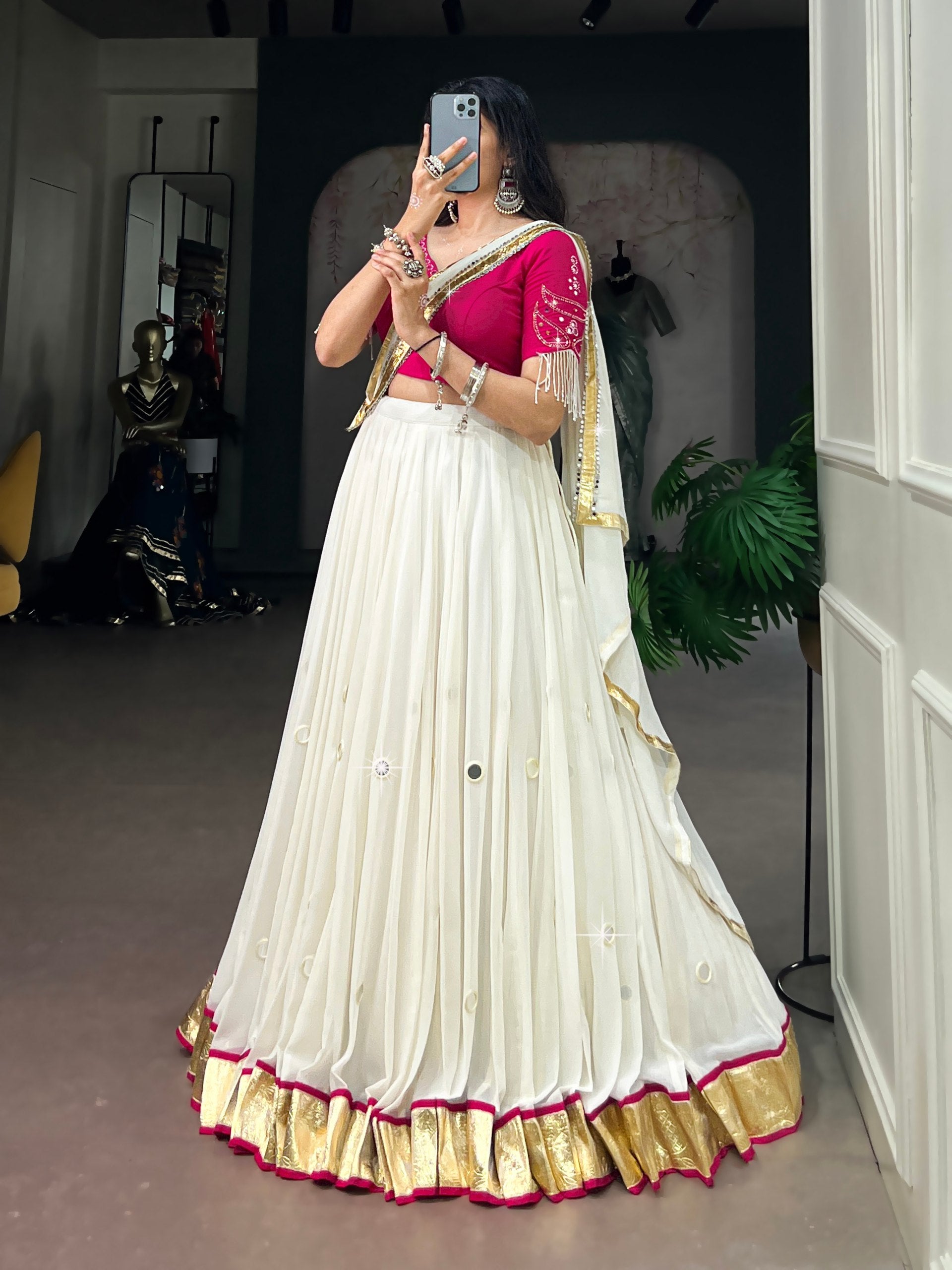 Womenline White & Rani Pink Navratri Lehenga Choli with Dupatta