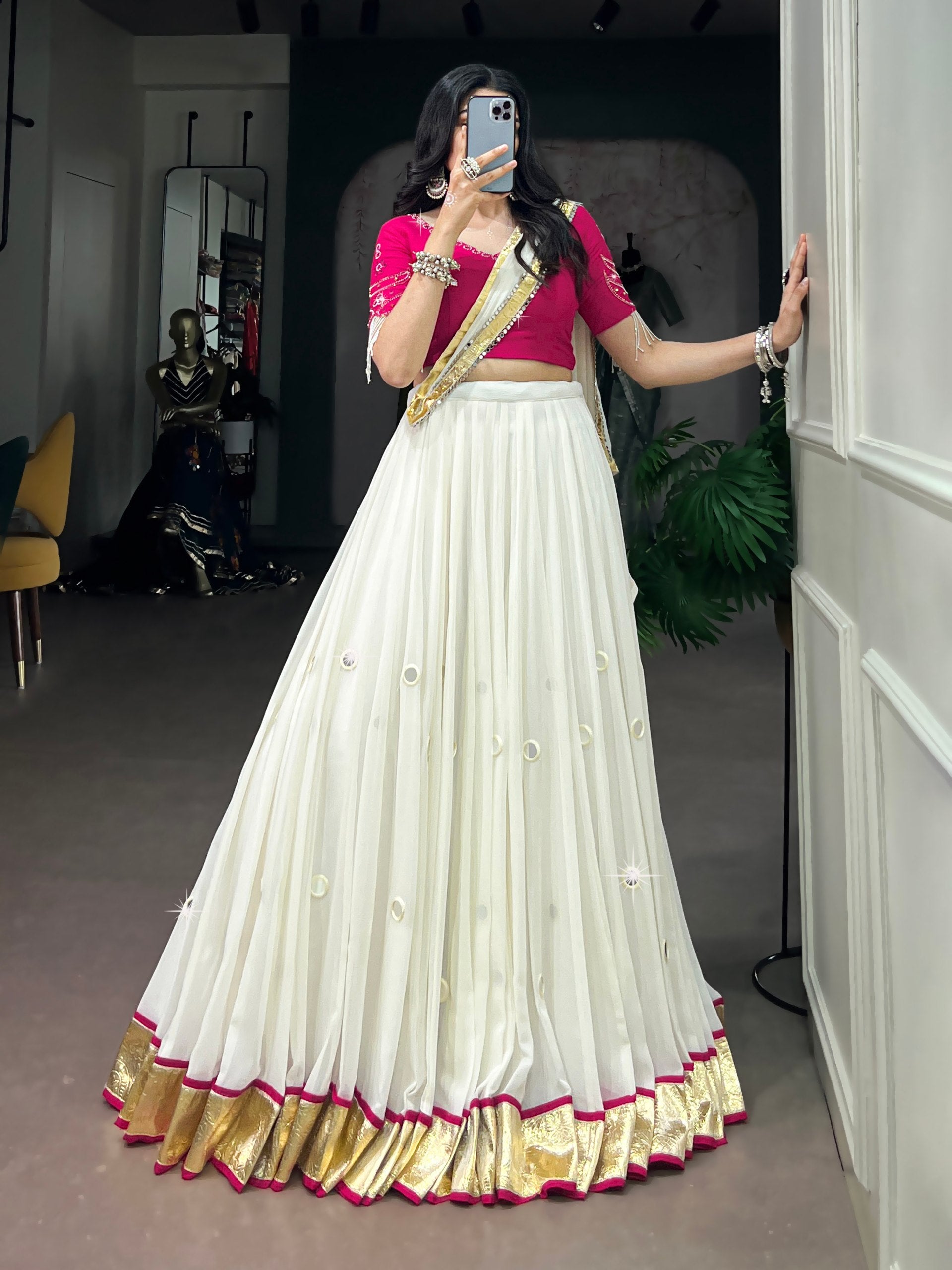 Womenline White & Rani Pink Navratri Lehenga Choli with Dupatta