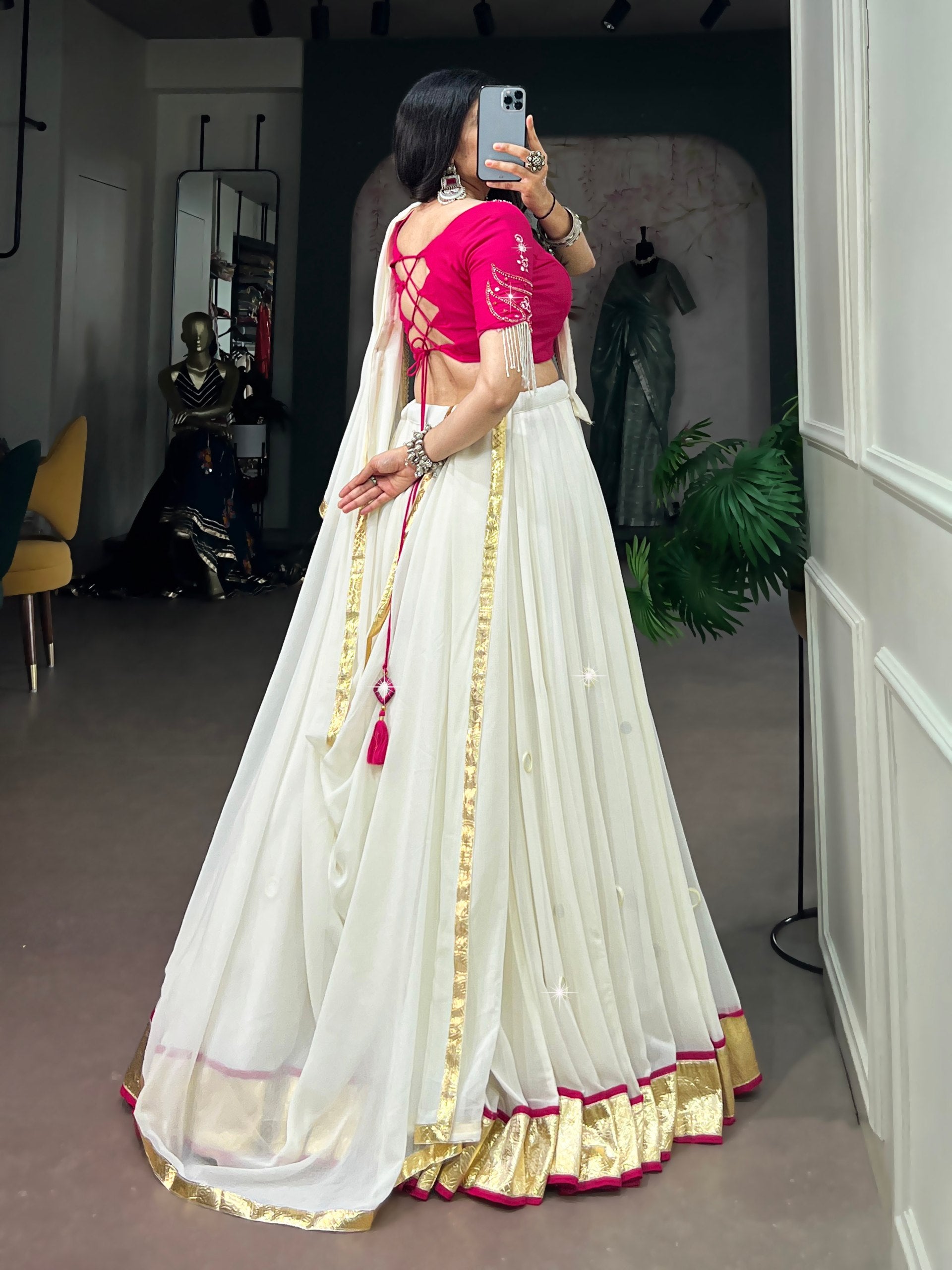 Womenline White & Rani Pink Navratri Lehenga Choli with Dupatta