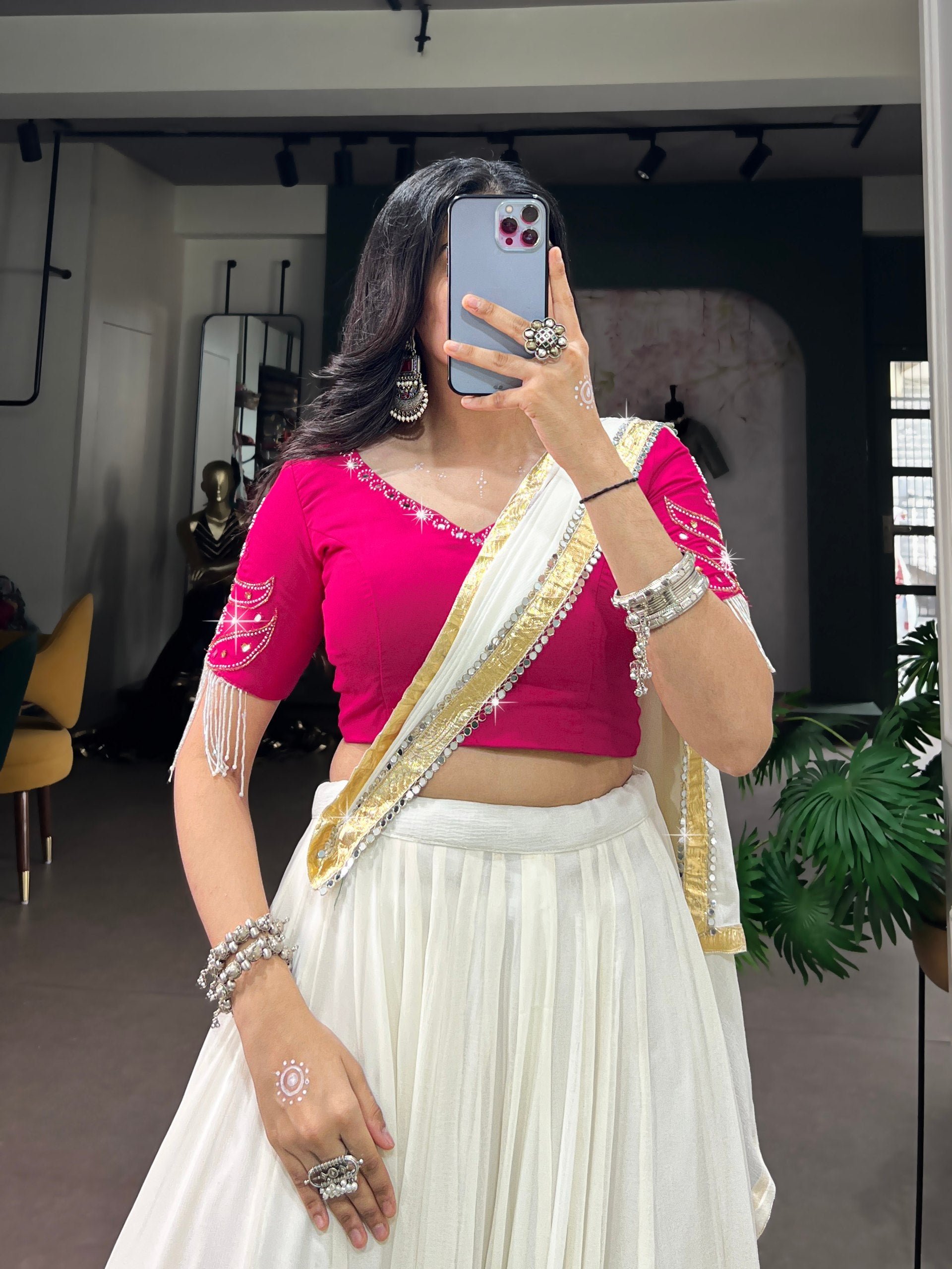 Womenline White & Rani Pink Navratri Lehenga Choli with Dupatta