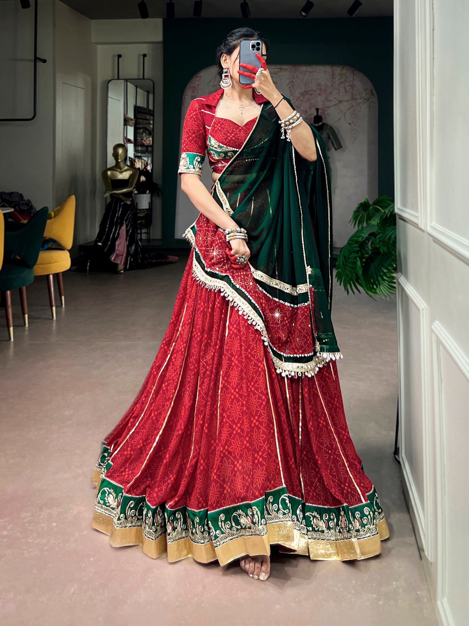 Womenline Red & Bottle Green Navratri Lehenga Choli with Dupatta