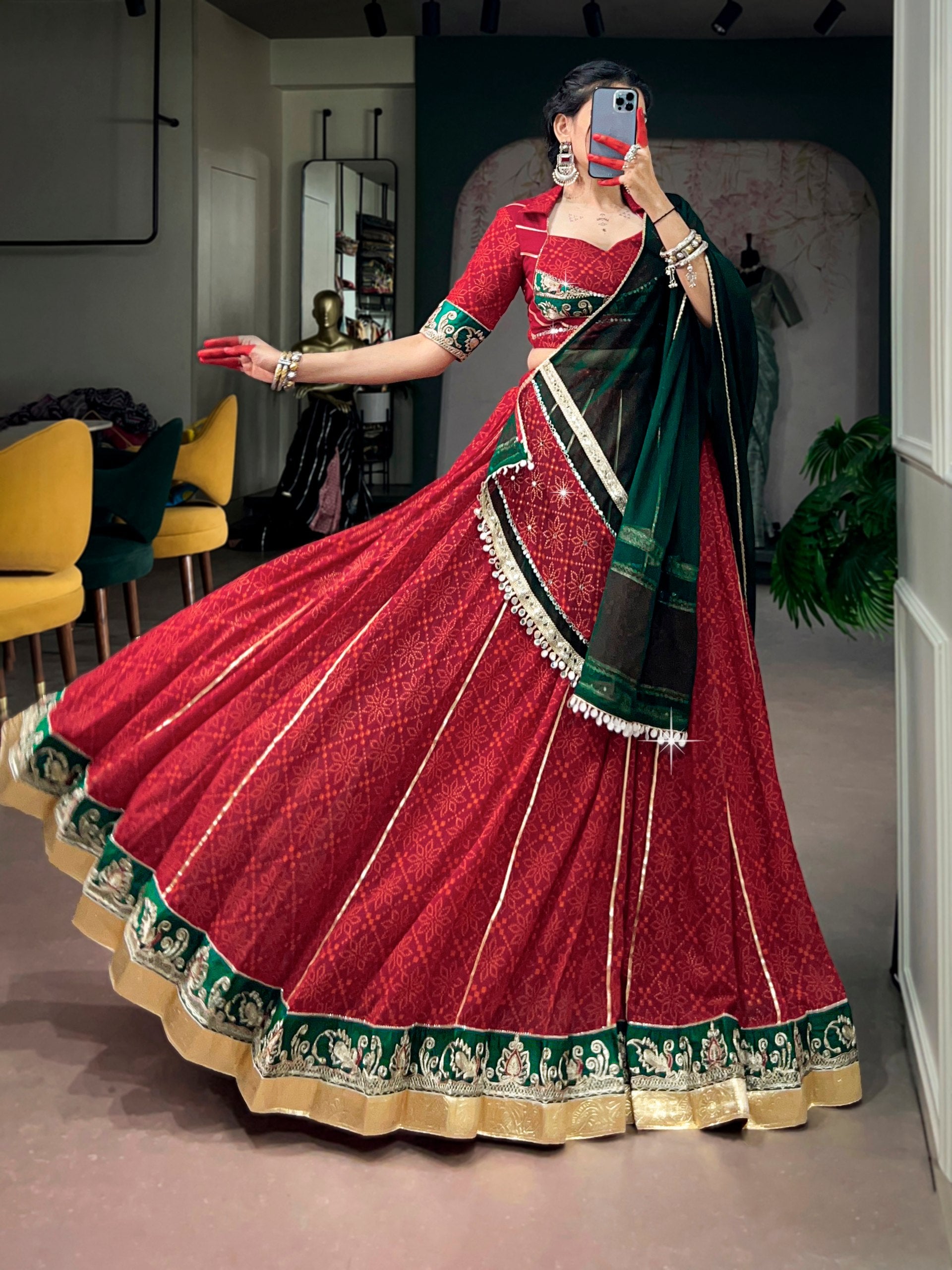 Womenline Red & Bottle Green Navratri Lehenga Choli with Dupatta
