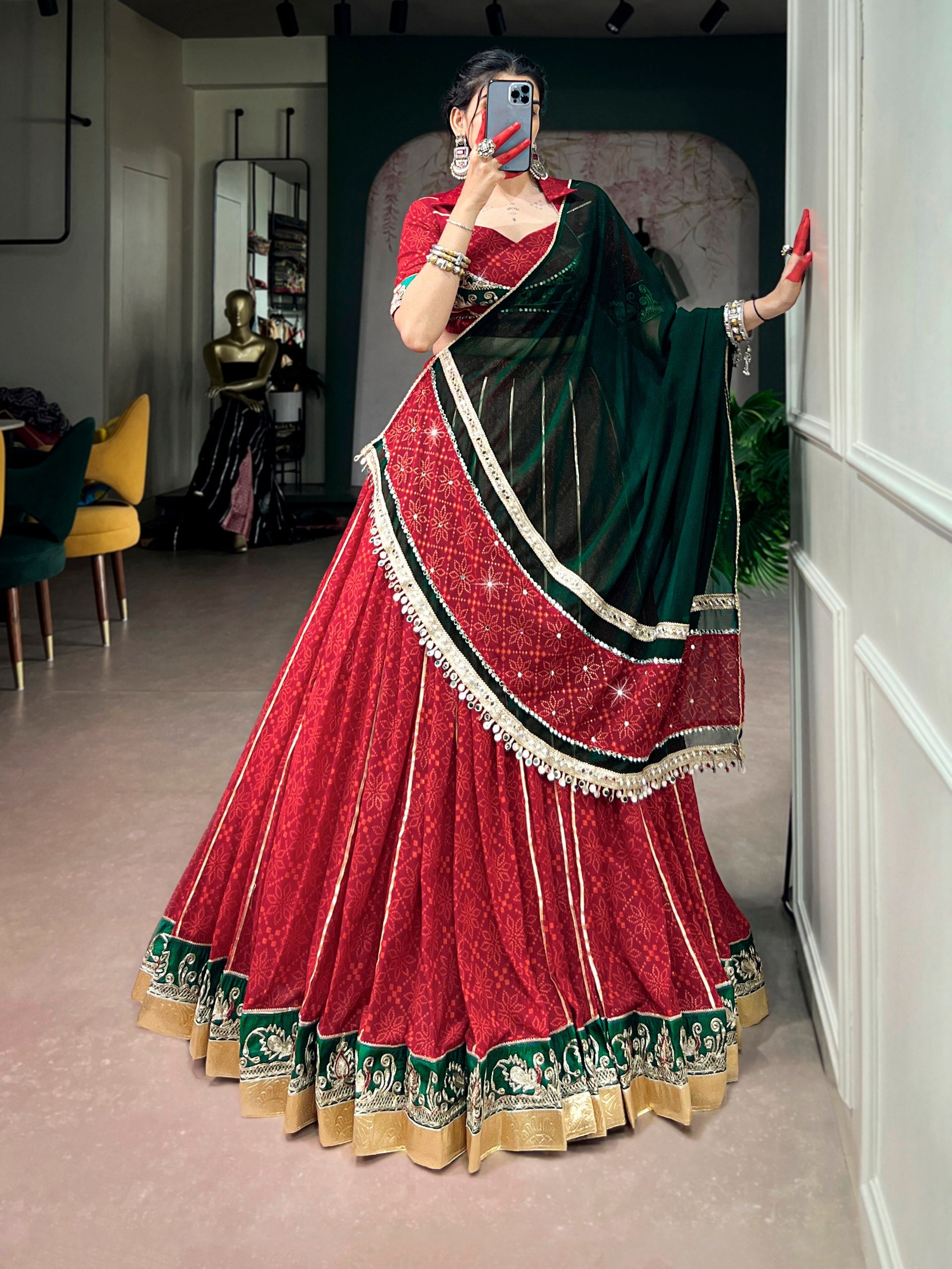 Womenline Red & Bottle Green Navratri Lehenga Choli with Dupatta