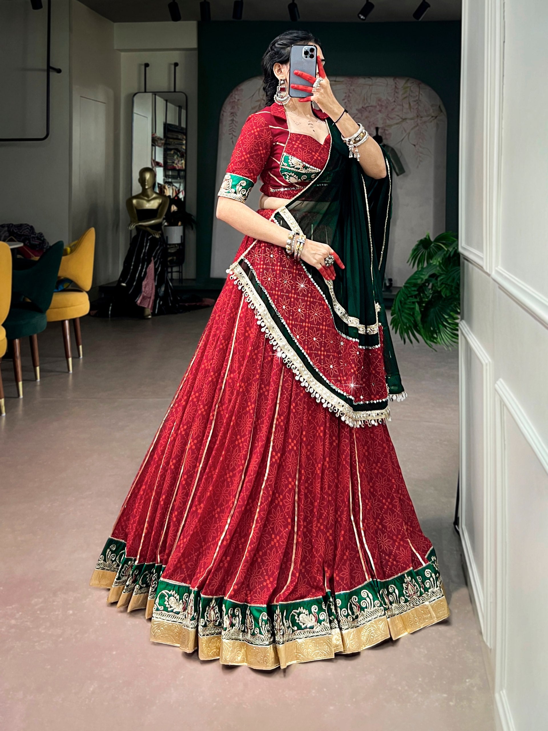 Womenline Red & Bottle Green Navratri Lehenga Choli with Dupatta