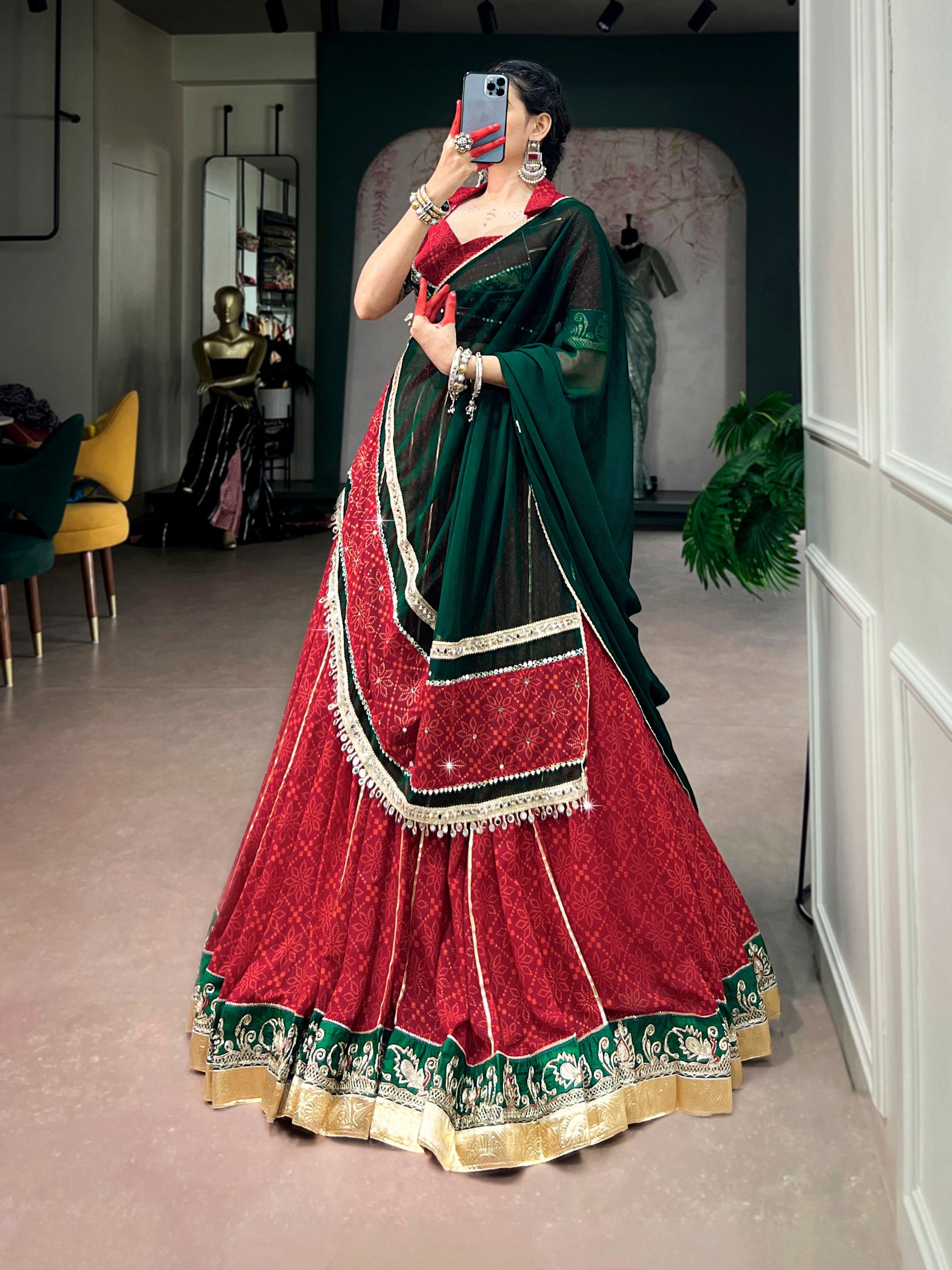 Womenline Red & Bottle Green Navratri Lehenga Choli with Dupatta
