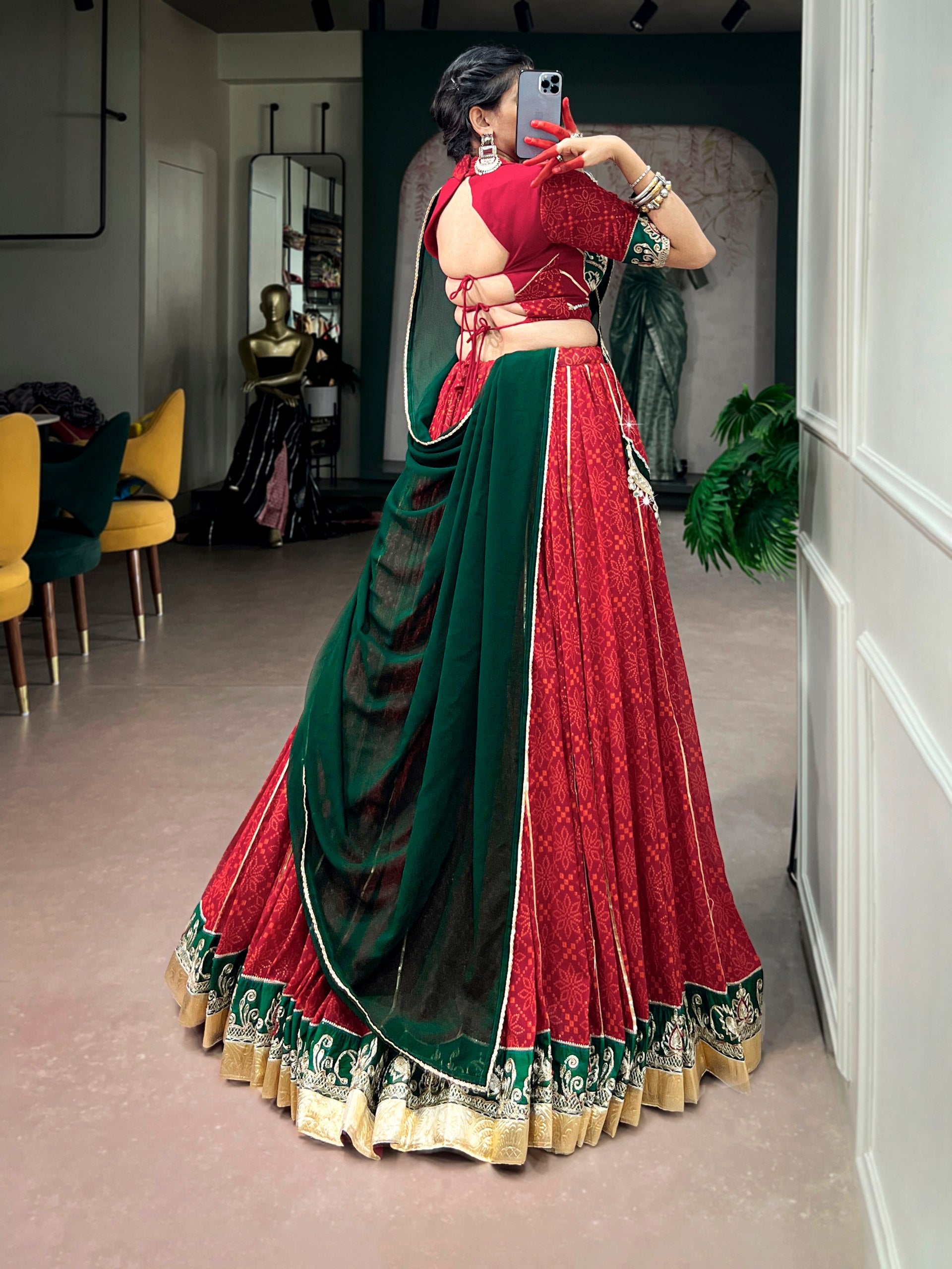 Womenline Red & Bottle Green Navratri Lehenga Choli with Dupatta