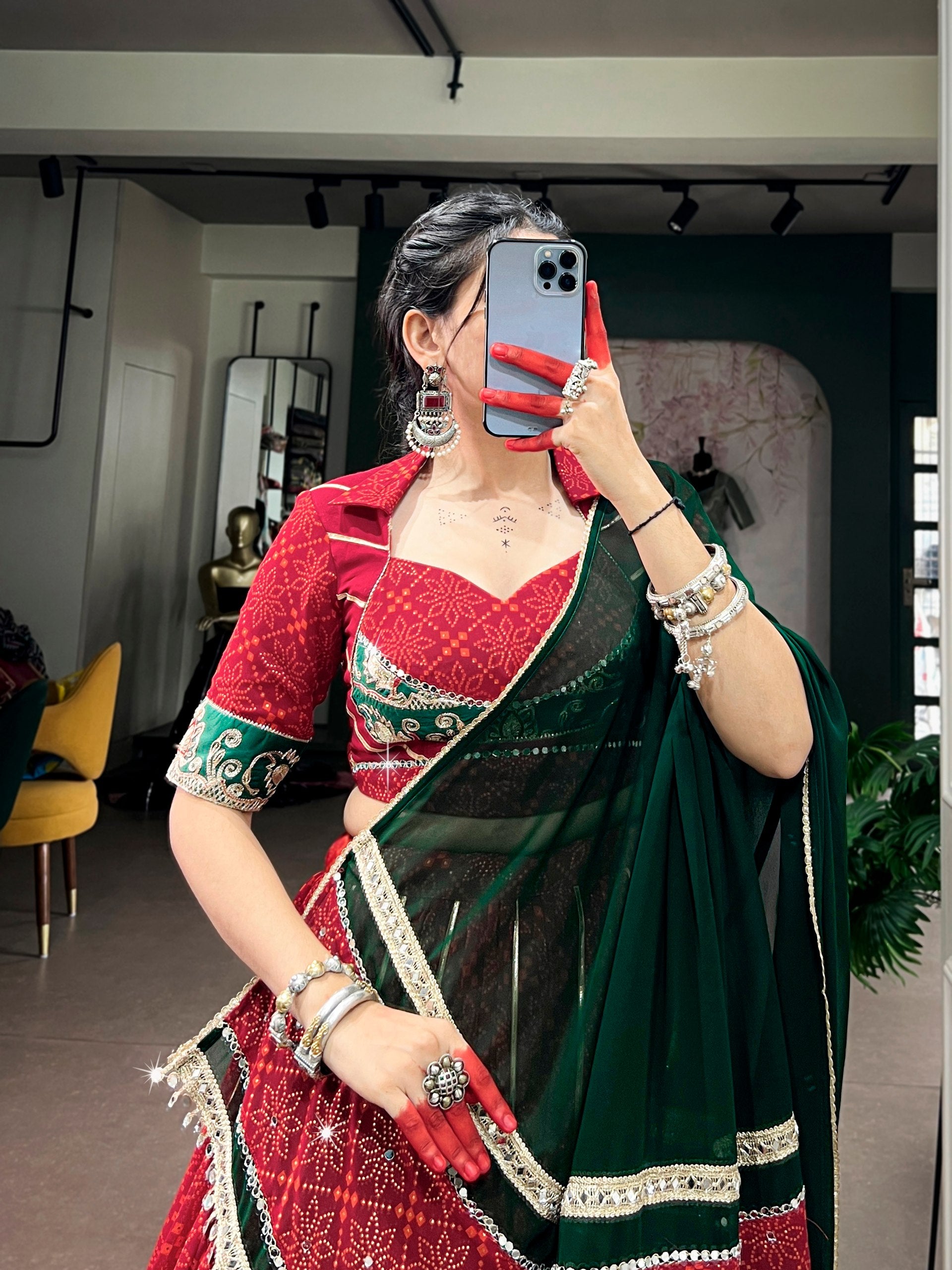 Womenline Red & Bottle Green Navratri Lehenga Choli with Dupatta