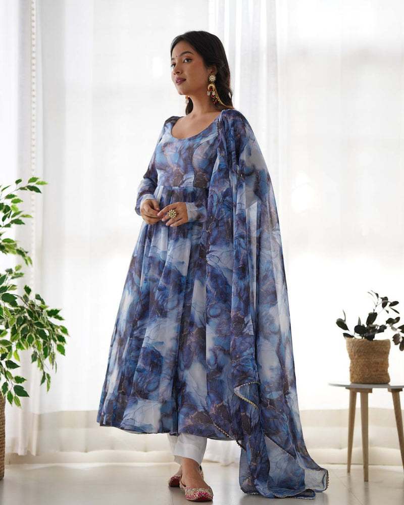 Womenline Navy Blue Color Pure Soft Organza Three Piece Anarkali Suit