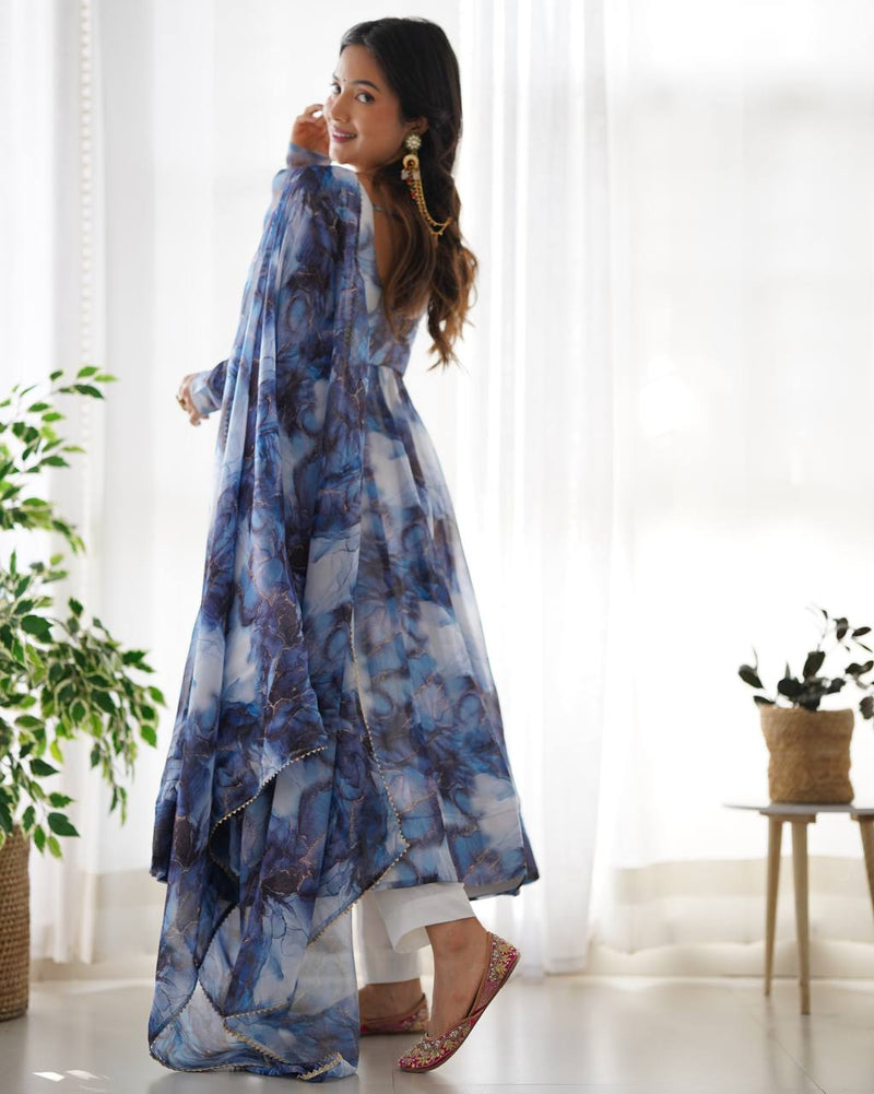 Womenline Navy Blue Color Pure Soft Organza Three Piece Anarkali Suit