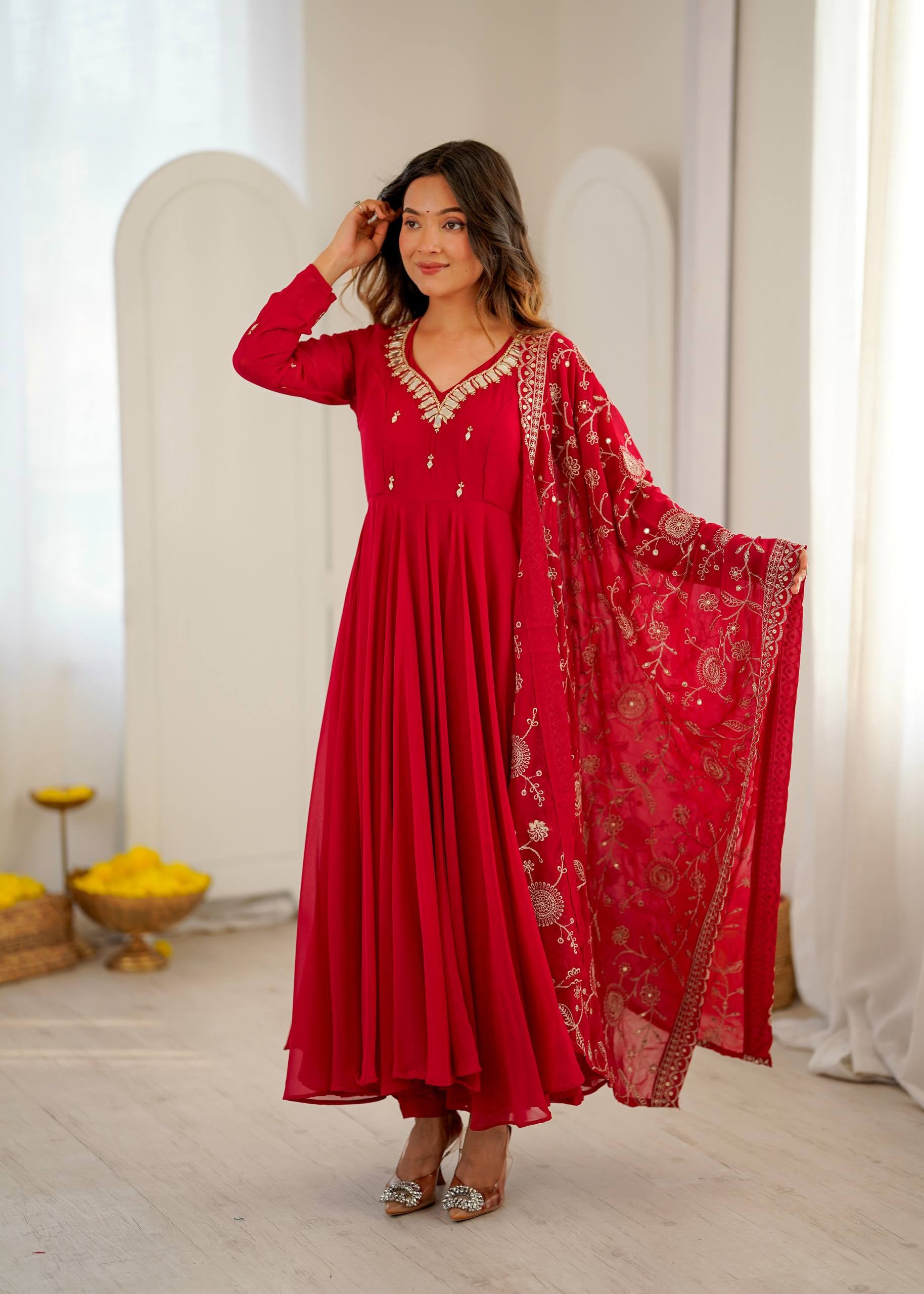 Womenline Rani Pink Anarkali Suit with Embroidered Dupatta