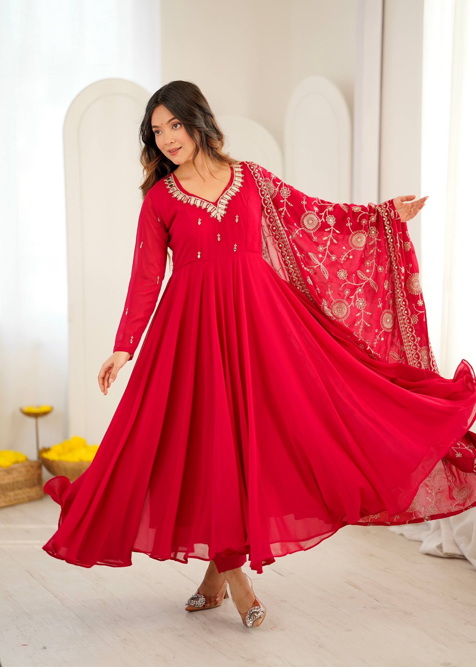 Womenline Rani Pink Anarkali Suit with Embroidered Dupatta