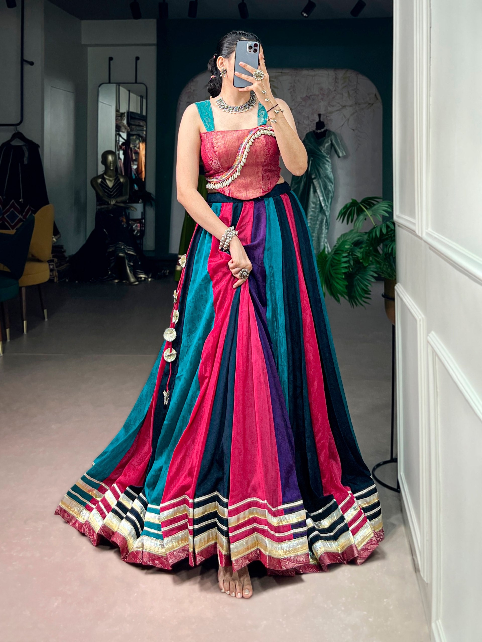 Womenline Multicolor Panelled Navratri Lehenga Choli with Designer Blouse