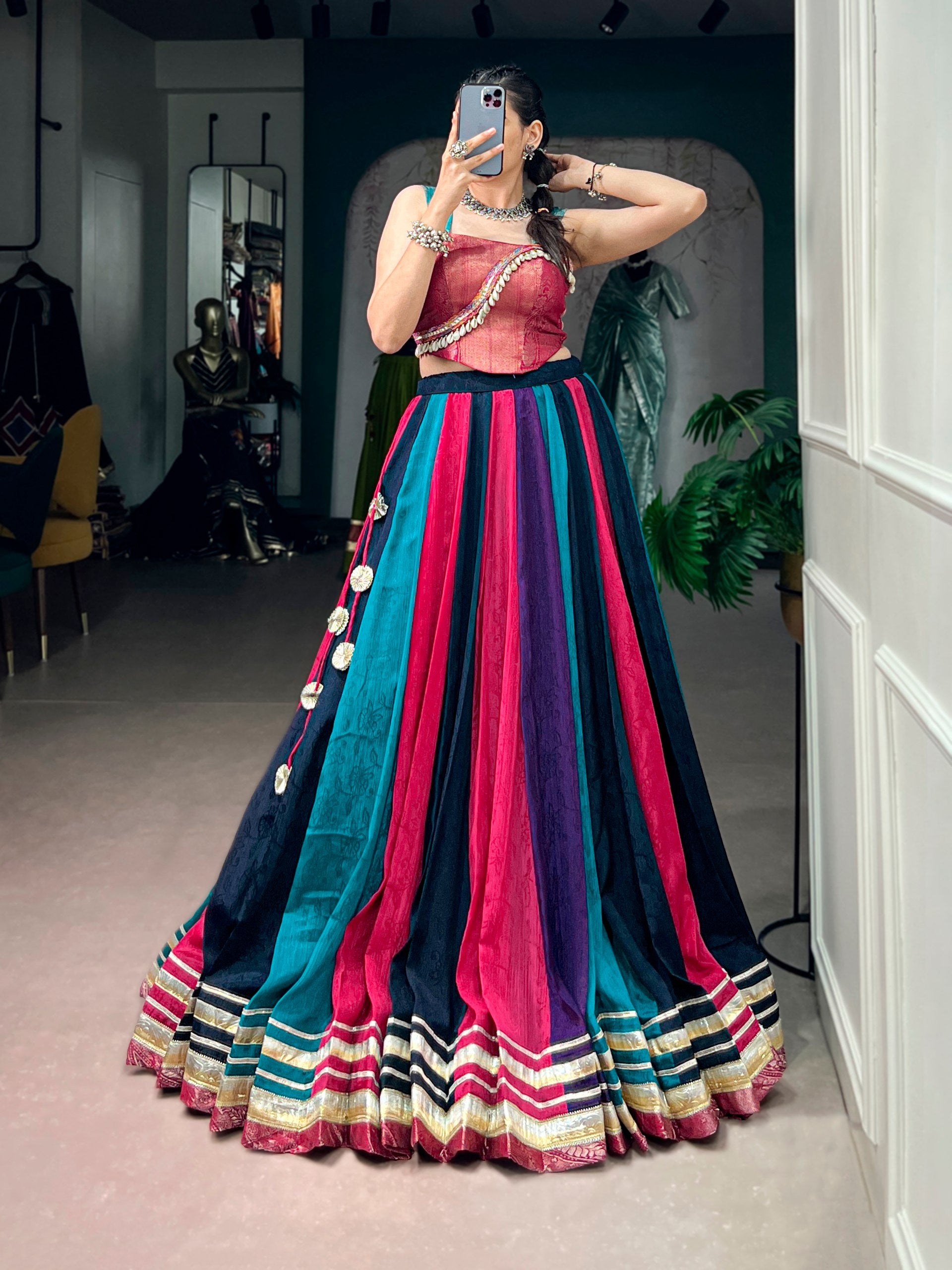 Womenline Multicolor Panelled Navratri Lehenga Choli with Designer Blouse