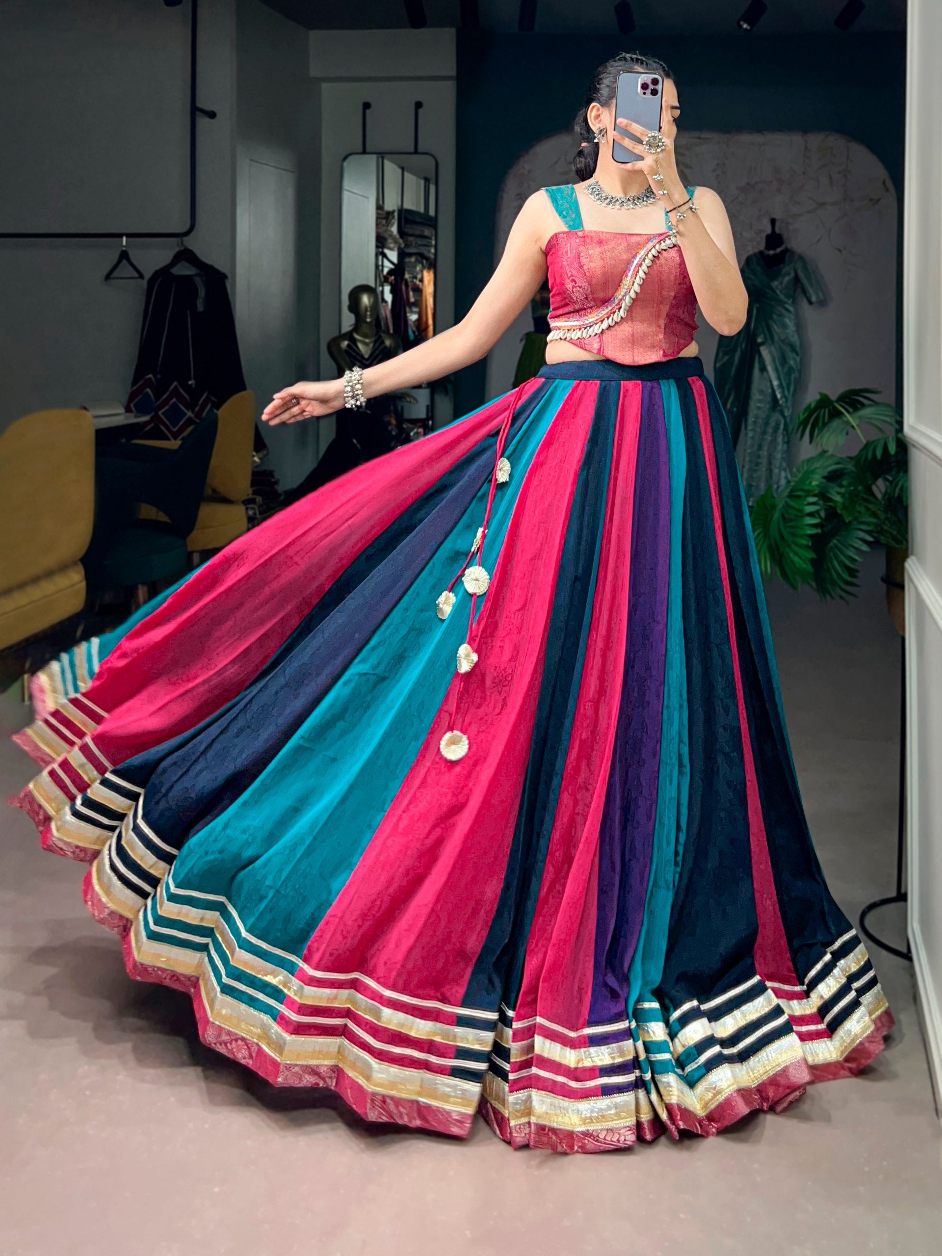 Womenline Multicolor Panelled Navratri Lehenga Choli with Designer Blouse
