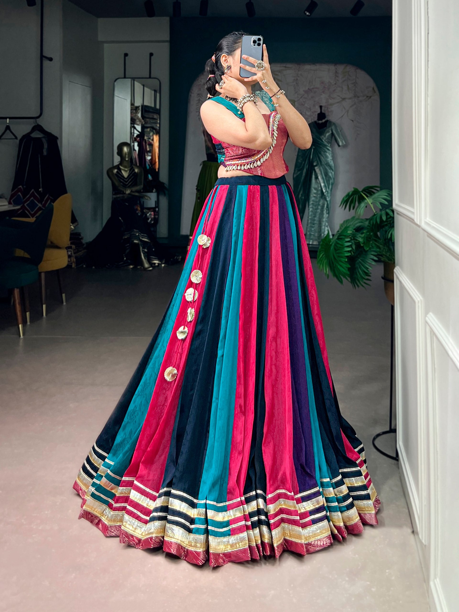 Womenline Multicolor Panelled Navratri Lehenga Choli with Designer Blouse