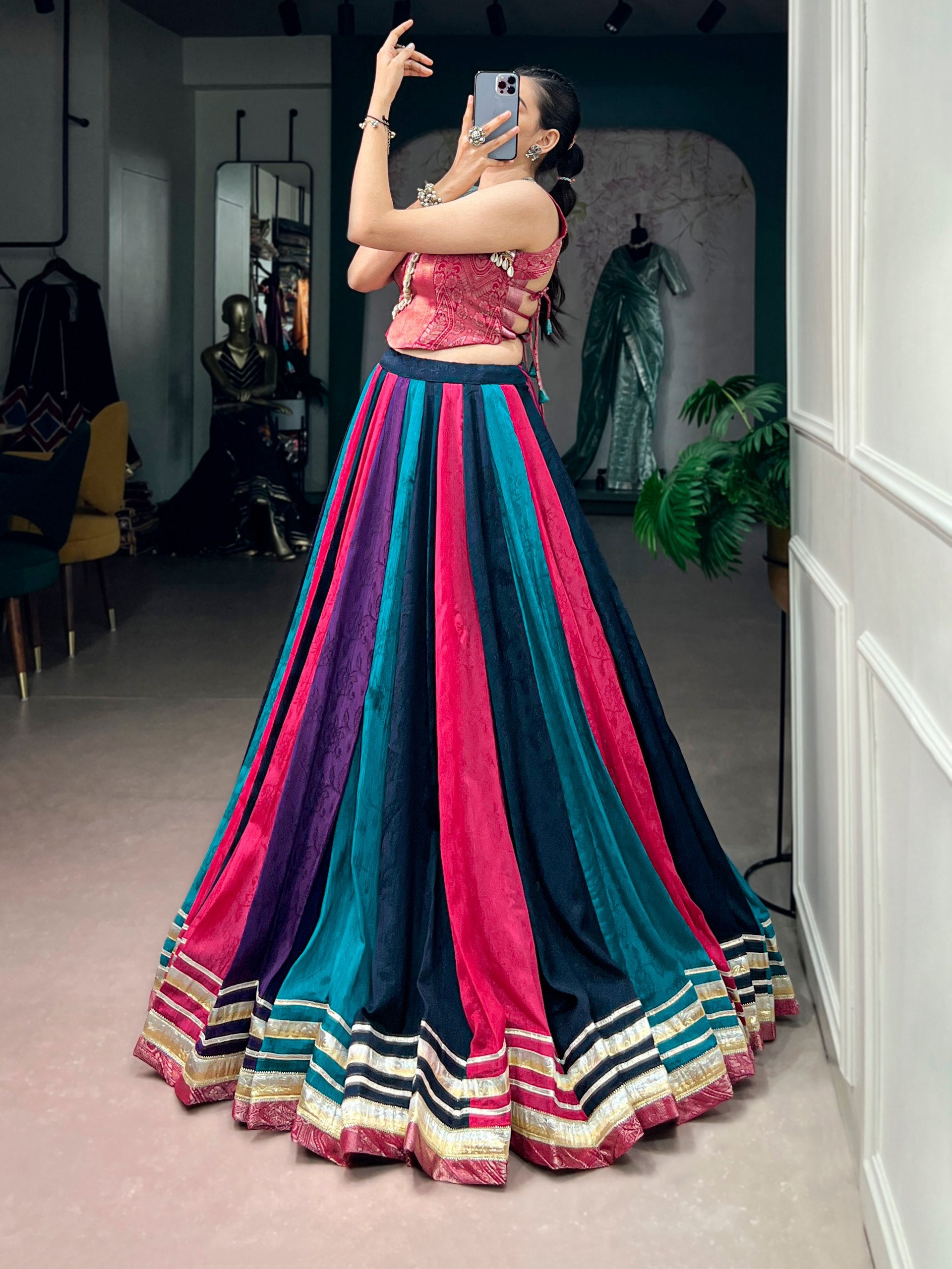 Womenline Multicolor Panelled Navratri Lehenga Choli with Designer Blouse